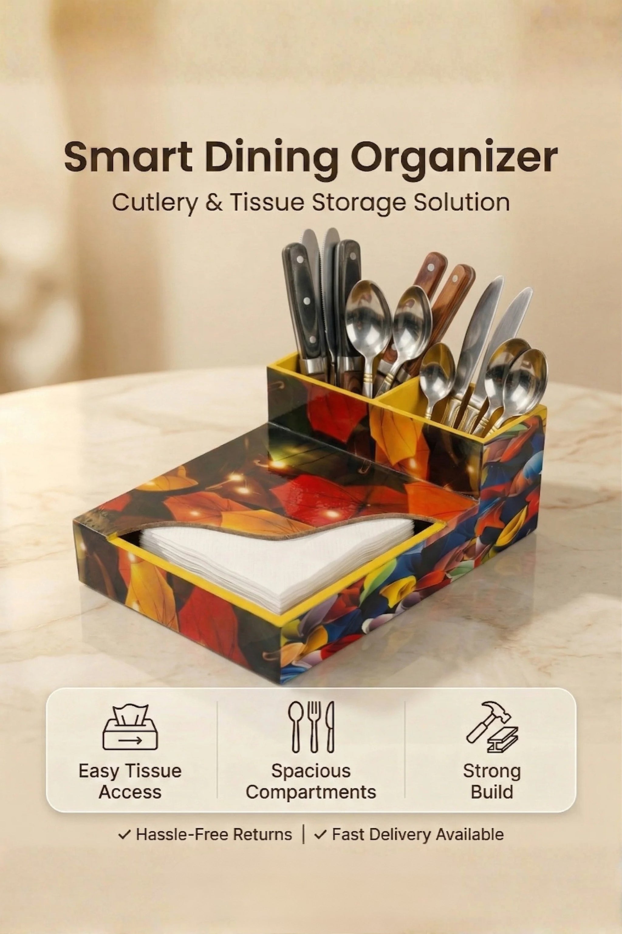 Premium MDF Cutlery & Napkin Holder | Flower Umbrellas Printed Wooden Organizer with Dual Compartments | Multipurpose Spoon Stand for Dining Table, Kitchen & Home Décor