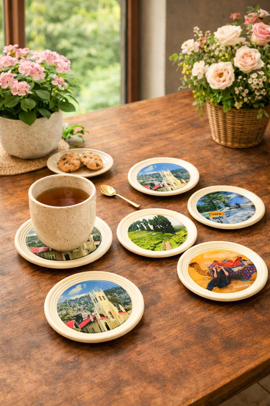Resin Coated Metal Coaster Set of 6 | Travel Theme Tea Coffee Coasters | Waterproof Heat Resistant Table Coasters