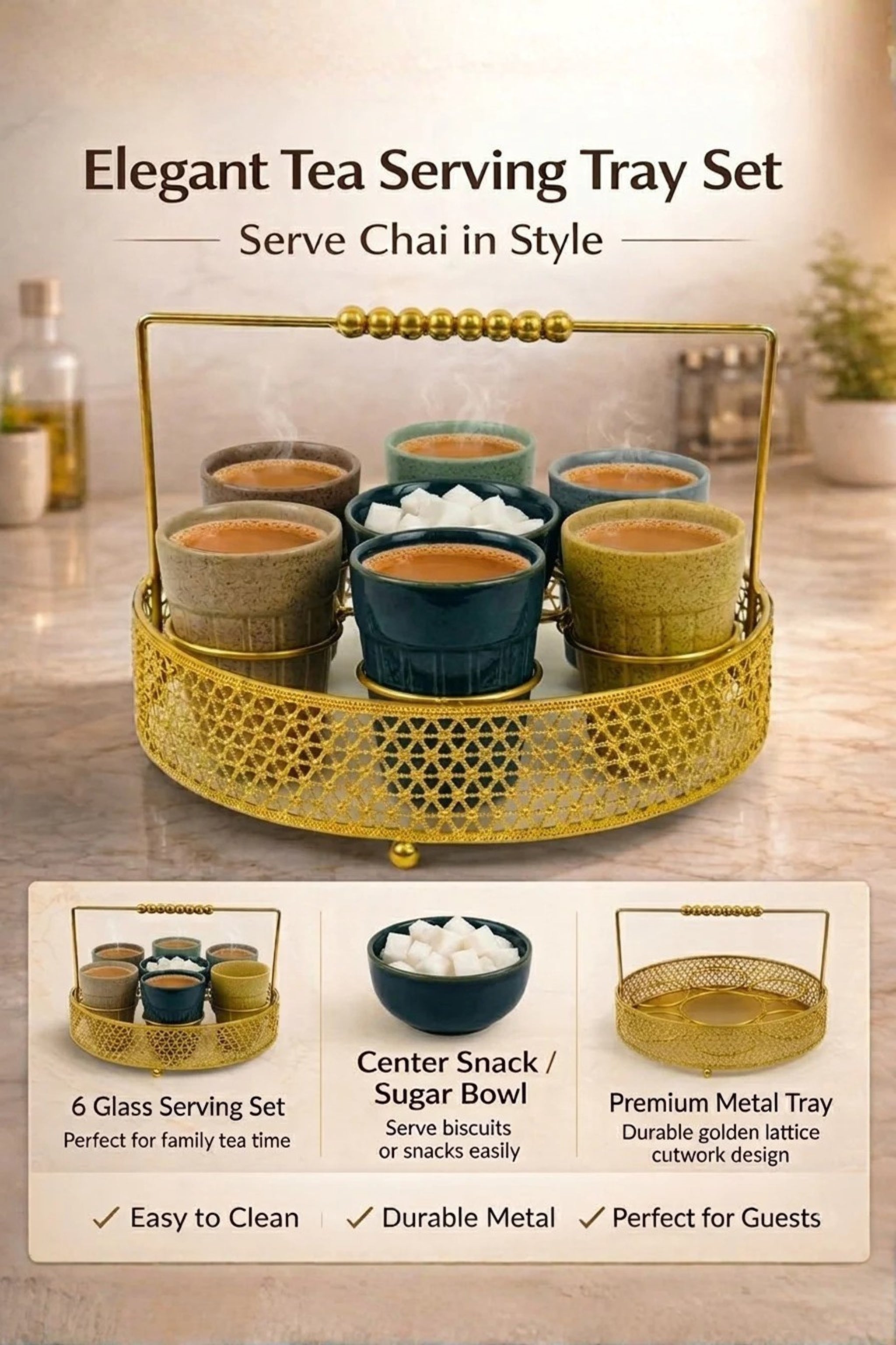 Premium Ceramic Tea Cup Set with Gold Metal Tray | Set of 6 Multicolor Cups with Snack Bowl & Designer Holder | Elegant Tea Coffee Serving Set for Home, Kitchen & Café