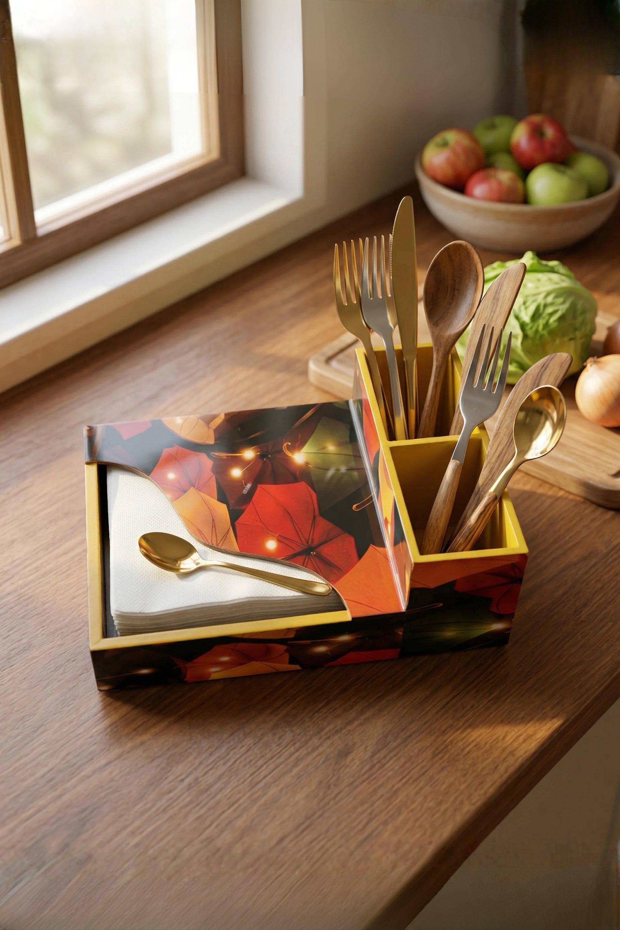 Premium MDF Cutlery & Napkin Holder | Flower Umbrellas Printed Wooden Organizer with Dual Compartments | Multipurpose Spoon Stand for Dining Table, Kitchen & Home Décor