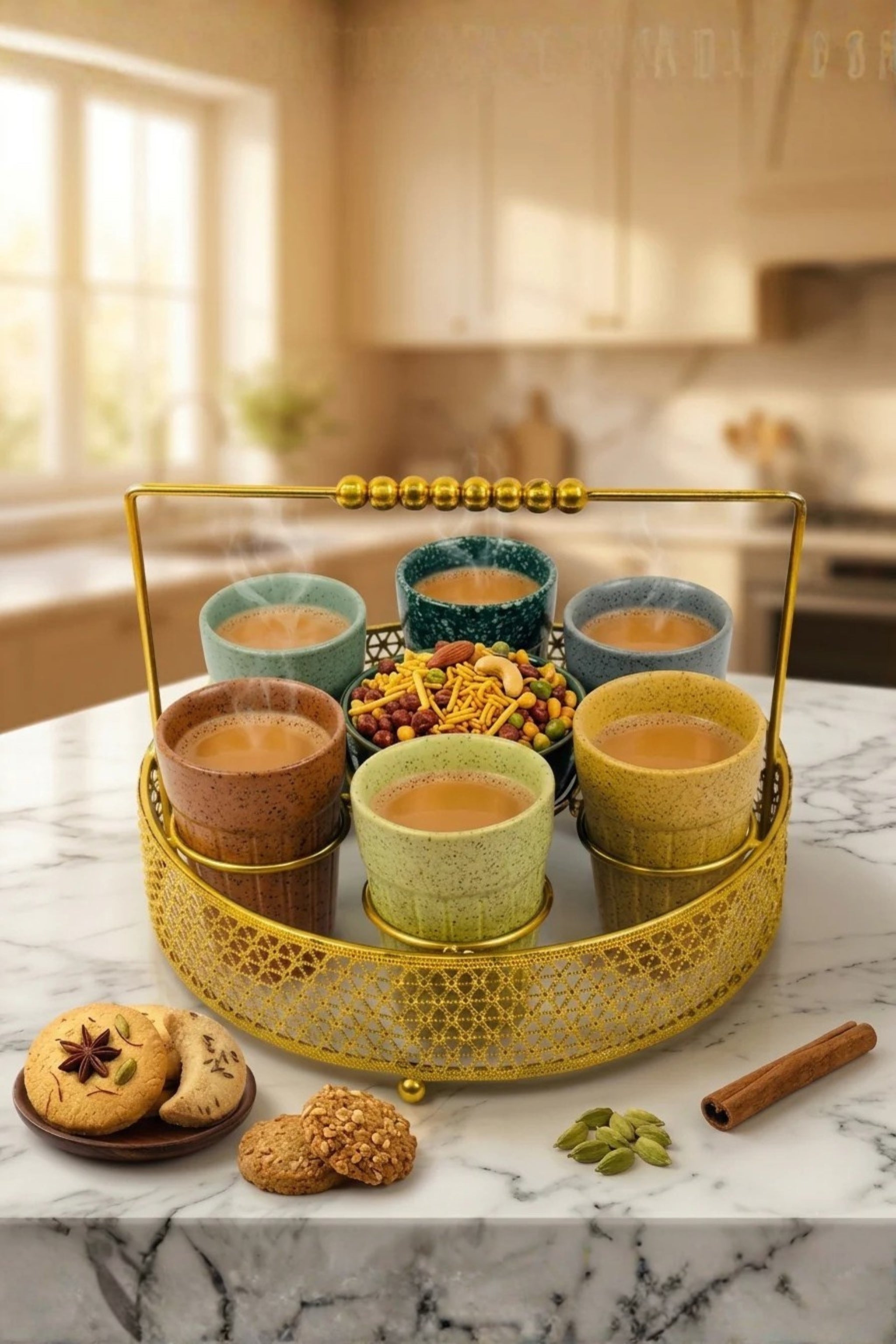 Premium Ceramic Tea Cup Set with Gold Metal Tray | Set of 6 Multicolor Cups with Snack Bowl & Designer Holder | Elegant Tea Coffee Serving Set for Home, Kitchen & Café