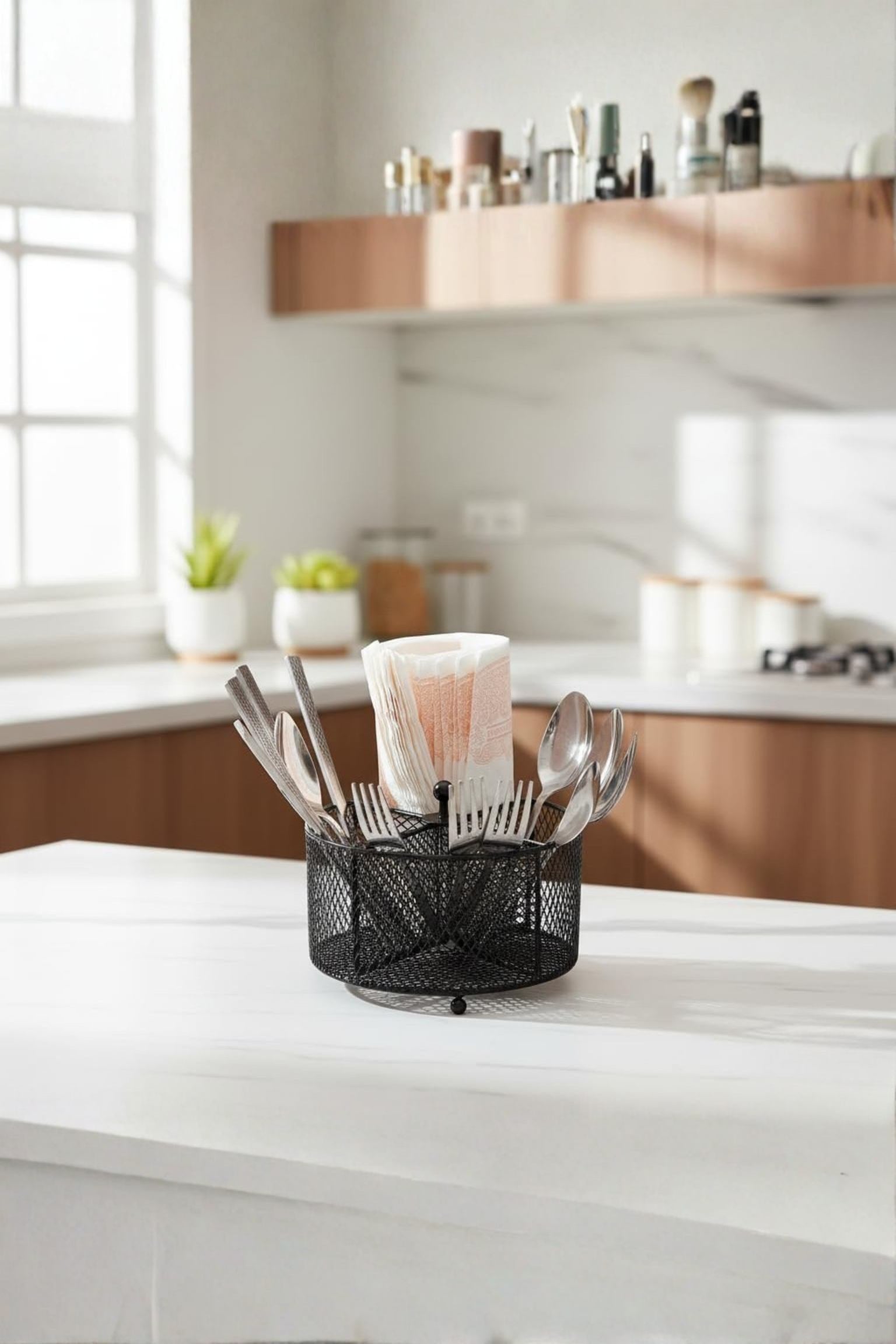 Premium Metal Cutlery Holder with Handle | 4 Compartment Utensil Caddy Basket Organizer | Portable Spoon, Fork, Knife & Napkin Stand for Kitchen, Dining Table & Home Storage