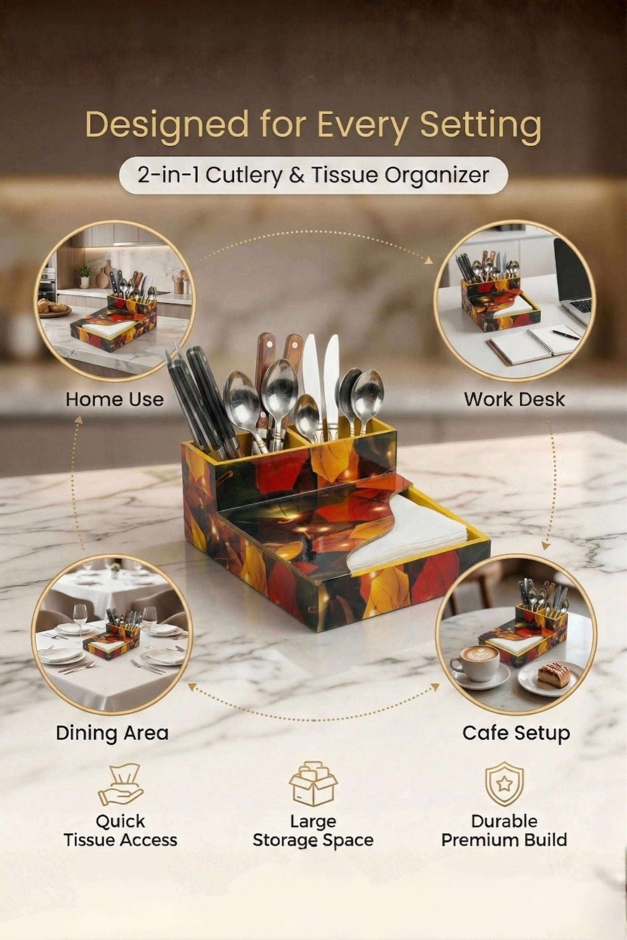 Premium MDF Cutlery & Napkin Holder | Flower Umbrellas Printed Wooden Organizer with Dual Compartments | Multipurpose Spoon Stand for Dining Table, Kitchen & Home Décor