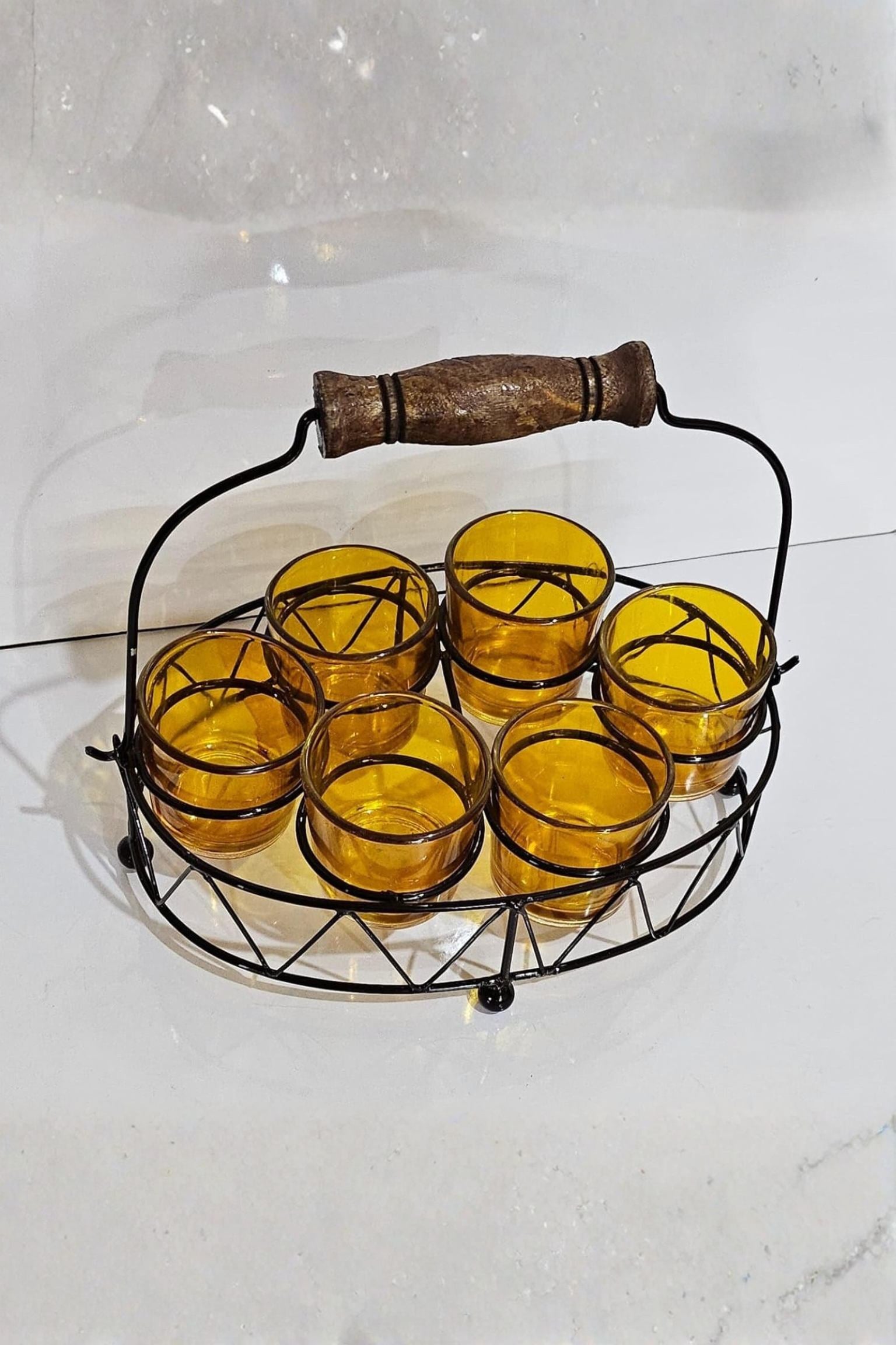 Premium Shot Glass Set of 6 with Metal Stand | 40ml Mini Whisky Vodka Tequila Glasses with Wooden Handle Carrier | Dhaba Style Serving Set for Home Bar & Parties