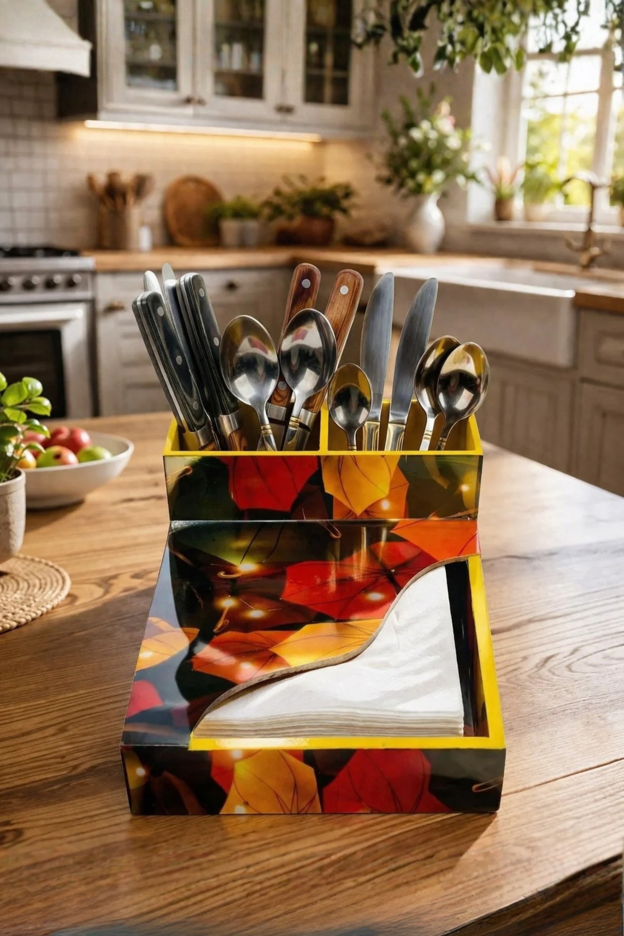 Premium MDF Cutlery & Napkin Holder | Flower Umbrellas Printed Wooden Organizer with Dual Compartments | Multipurpose Spoon Stand for Dining Table, Kitchen & Home Décor