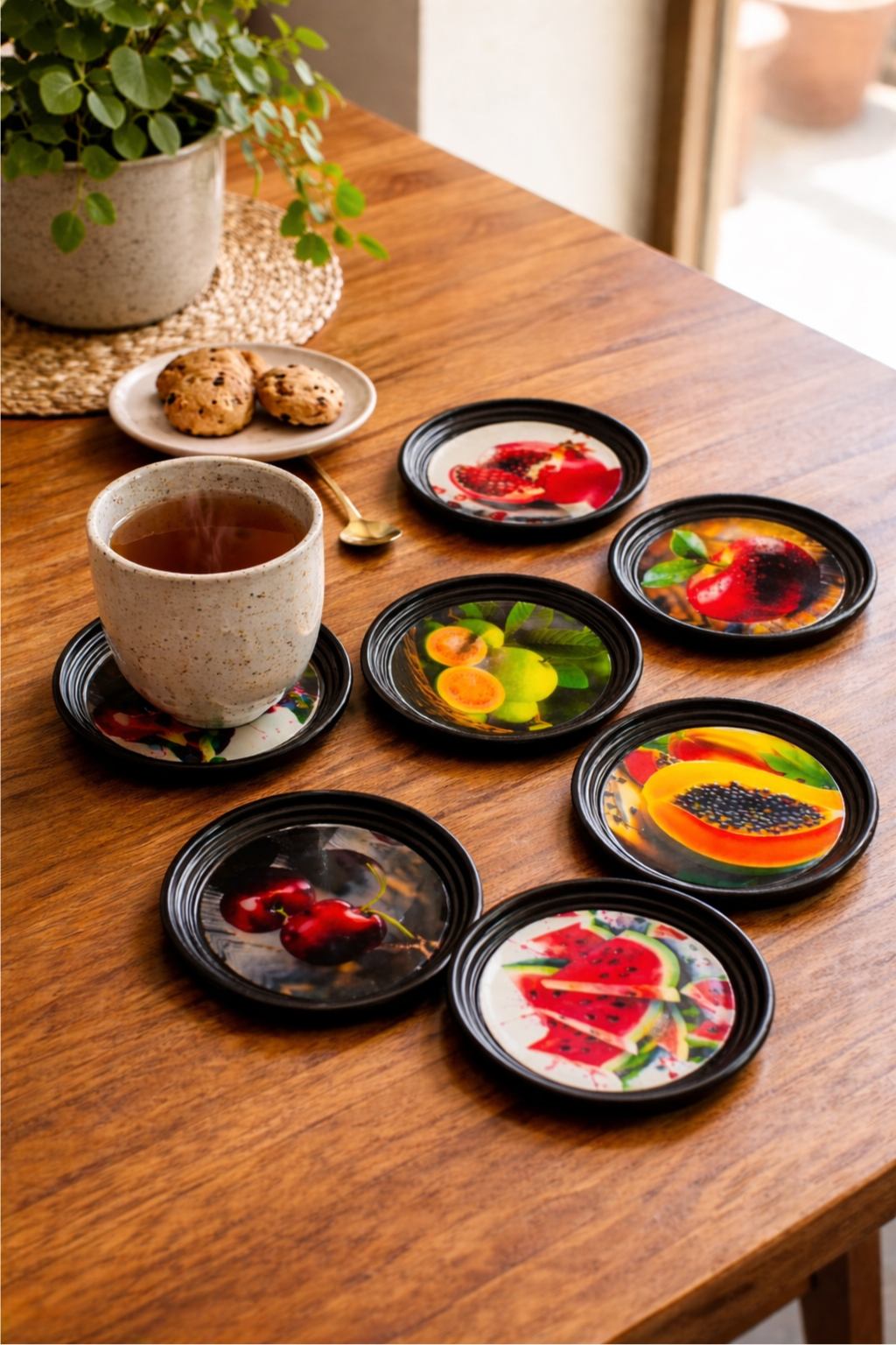 Resin Coated Metal Coaster Set of 6 | Fruit Theme Black Tea Coffee Coasters | Waterproof Heat Resistant Table Coasters