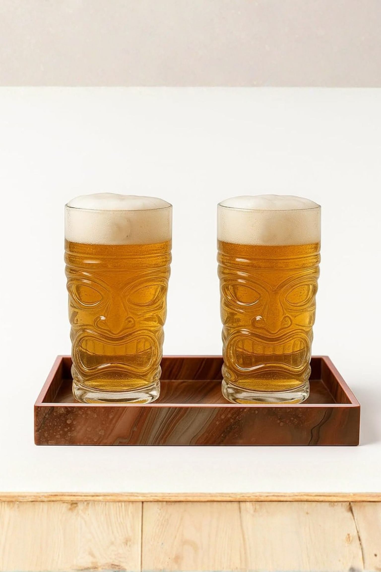 Premium Skull Beer Glass Set with Wooden Tray | 2 x 400ml Designer Skull Glasses with MDF Serving Tray | Stylish Drinkware for Beer, Juice, Cocktails & Home Bar Use
