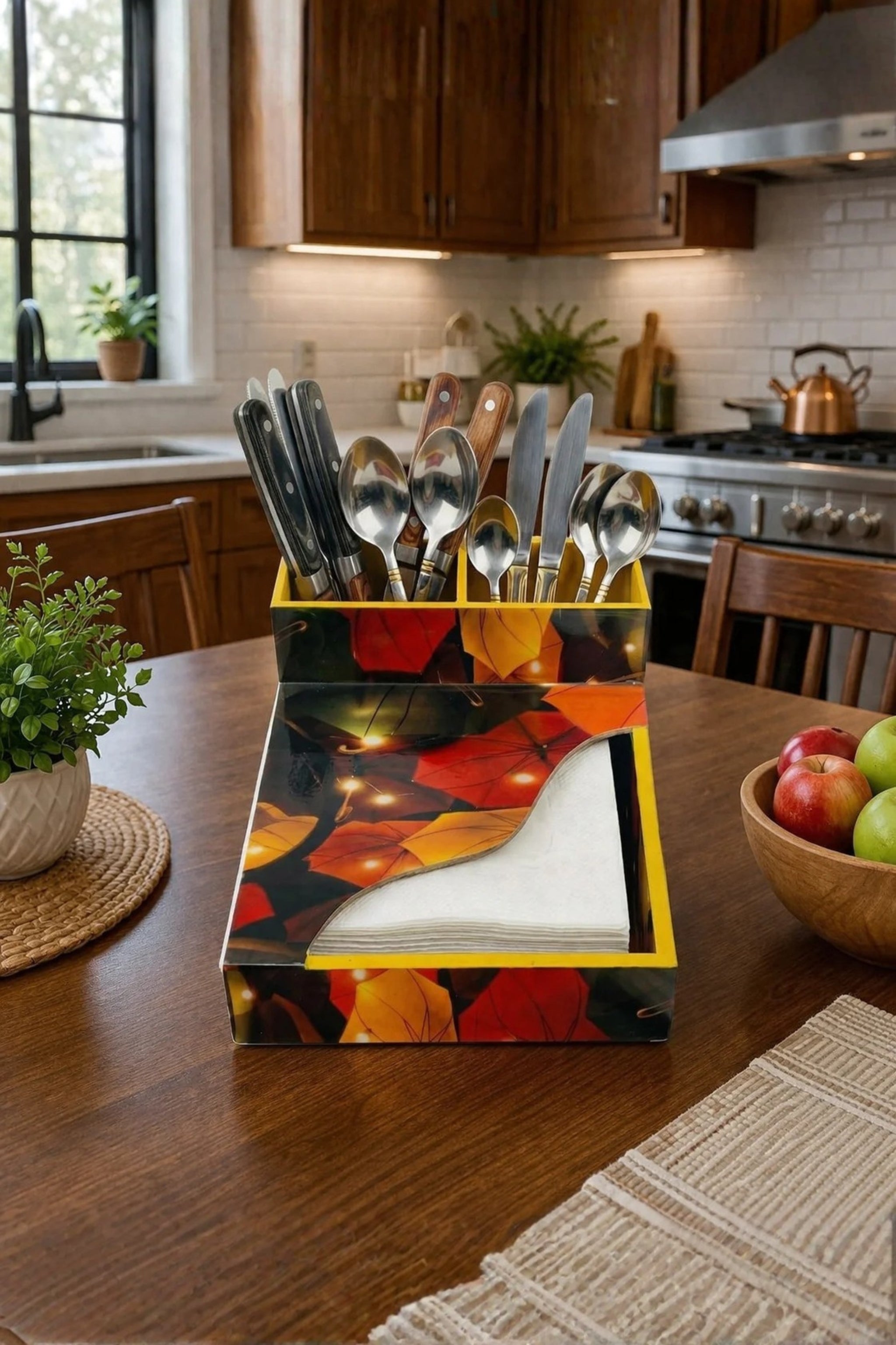 Premium MDF Cutlery & Napkin Holder | Flower Umbrellas Printed Wooden Organizer with Dual Compartments | Multipurpose Spoon Stand for Dining Table, Kitchen & Home Décor