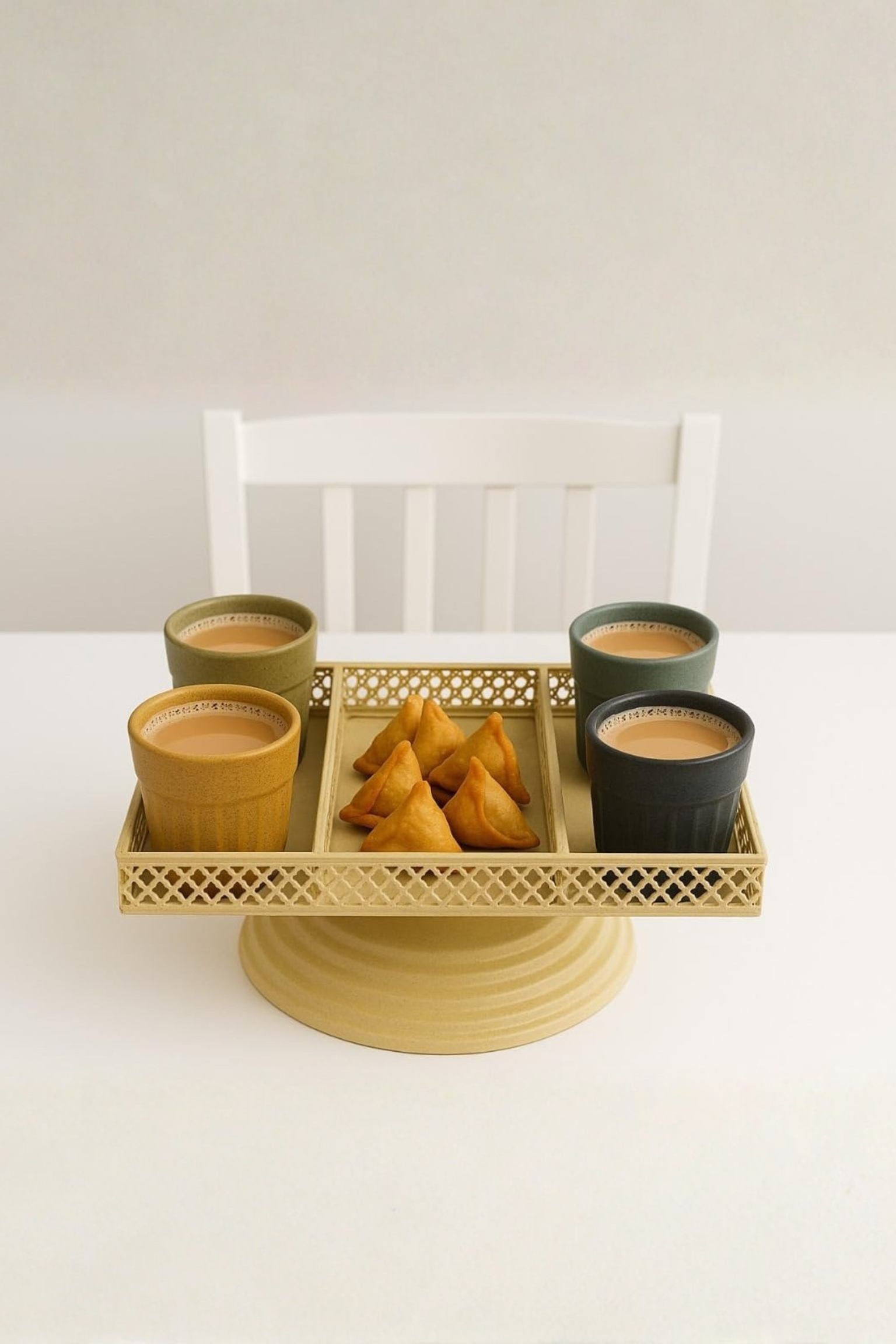 Premium Ceramic Kulhad Tea Cup Set of 4 with Metal Trolley Stand | Multicolor Traditional Cups with Snack Tray | Elegant Tea Coffee Serving Set for Home, Kitchen & Gifting
