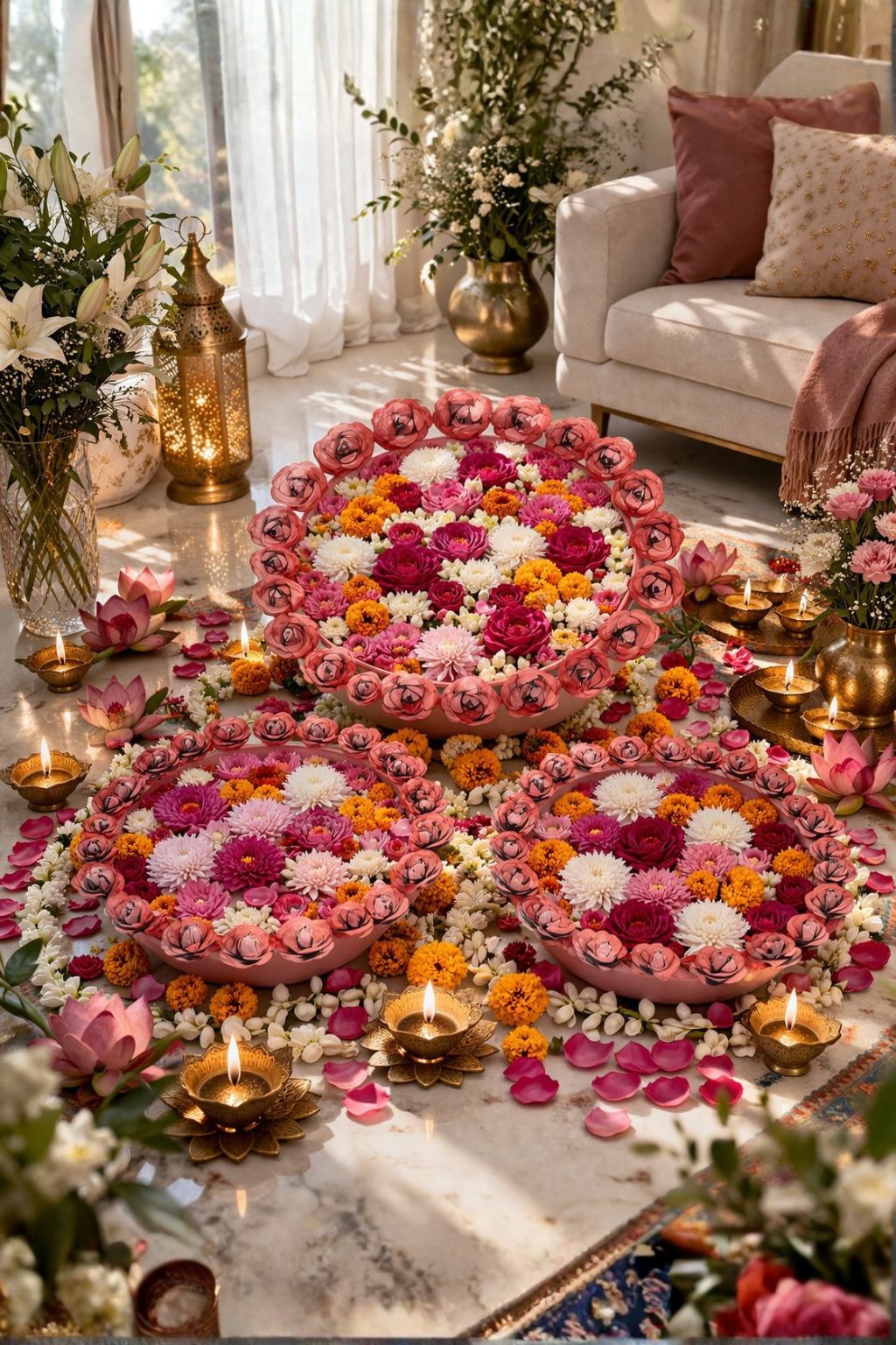 Decorative Metal Urli Bowl Set with Rose Border | Floating Flower & Candle Urli for Home & Festival Decor (Set of 3, Pink)