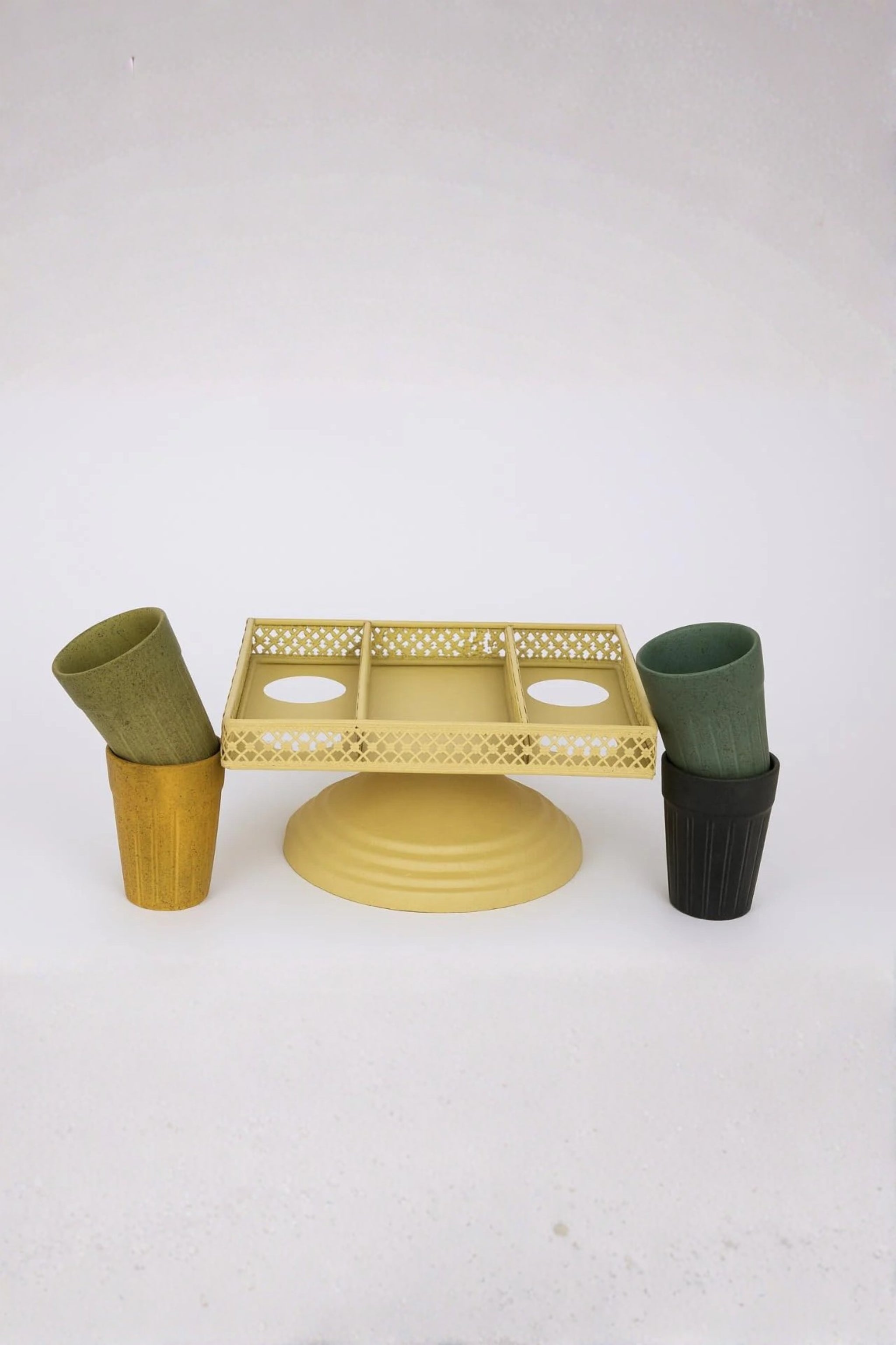 Premium Ceramic Kulhad Tea Cup Set of 4 with Metal Trolley Stand | Multicolor Traditional Cups with Snack Tray | Elegant Tea Coffee Serving Set for Home, Kitchen & Gifting