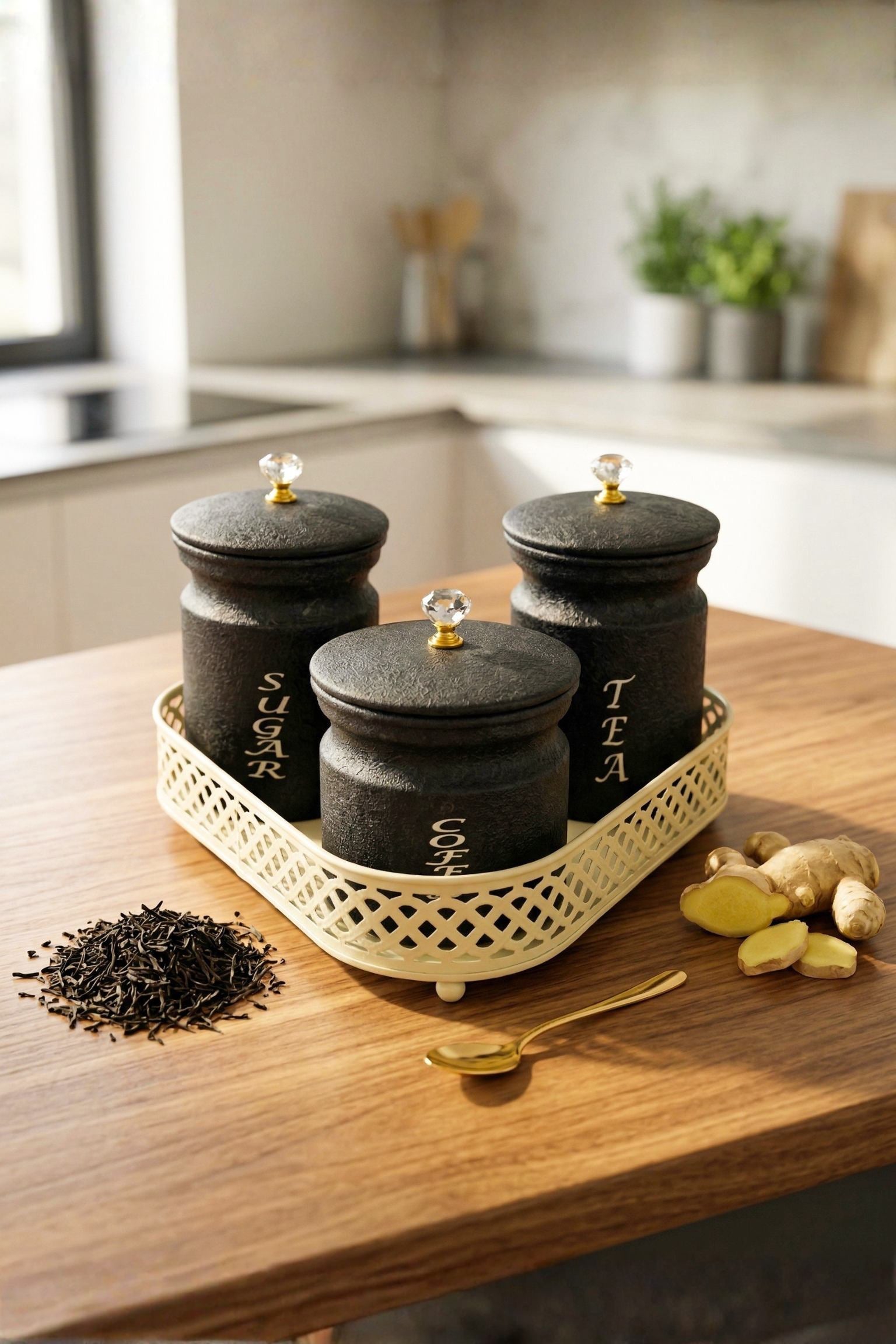 Premium Metal Tea Coffee Sugar Container Set of 3 with Stand Holder | Black Finish Airtight Kitchen Storage Jars | Luxury Organizer for Home & Kitchen