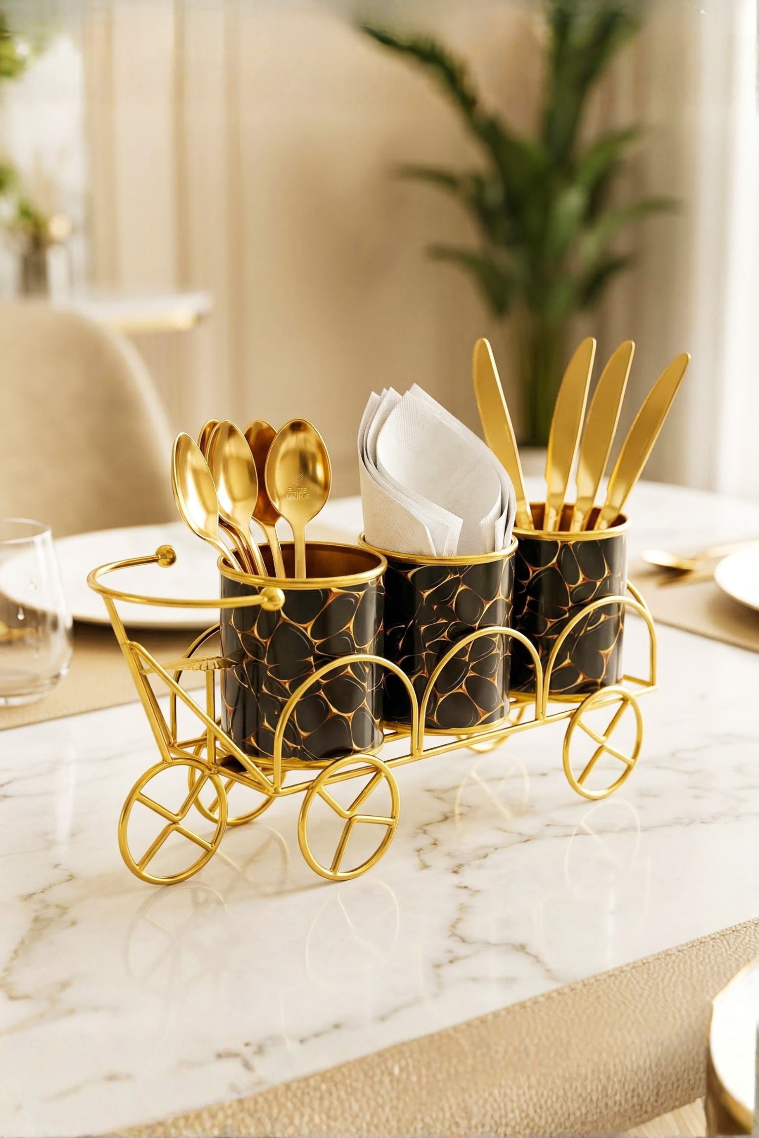 Premium Gold Metal Cutlery Holder | Set of 1 Tricycle Design 3-Compartment Spoon Fork Knife & Tissue Stand | Luxury Tabletop Organizer for Dining Table & Kitchen