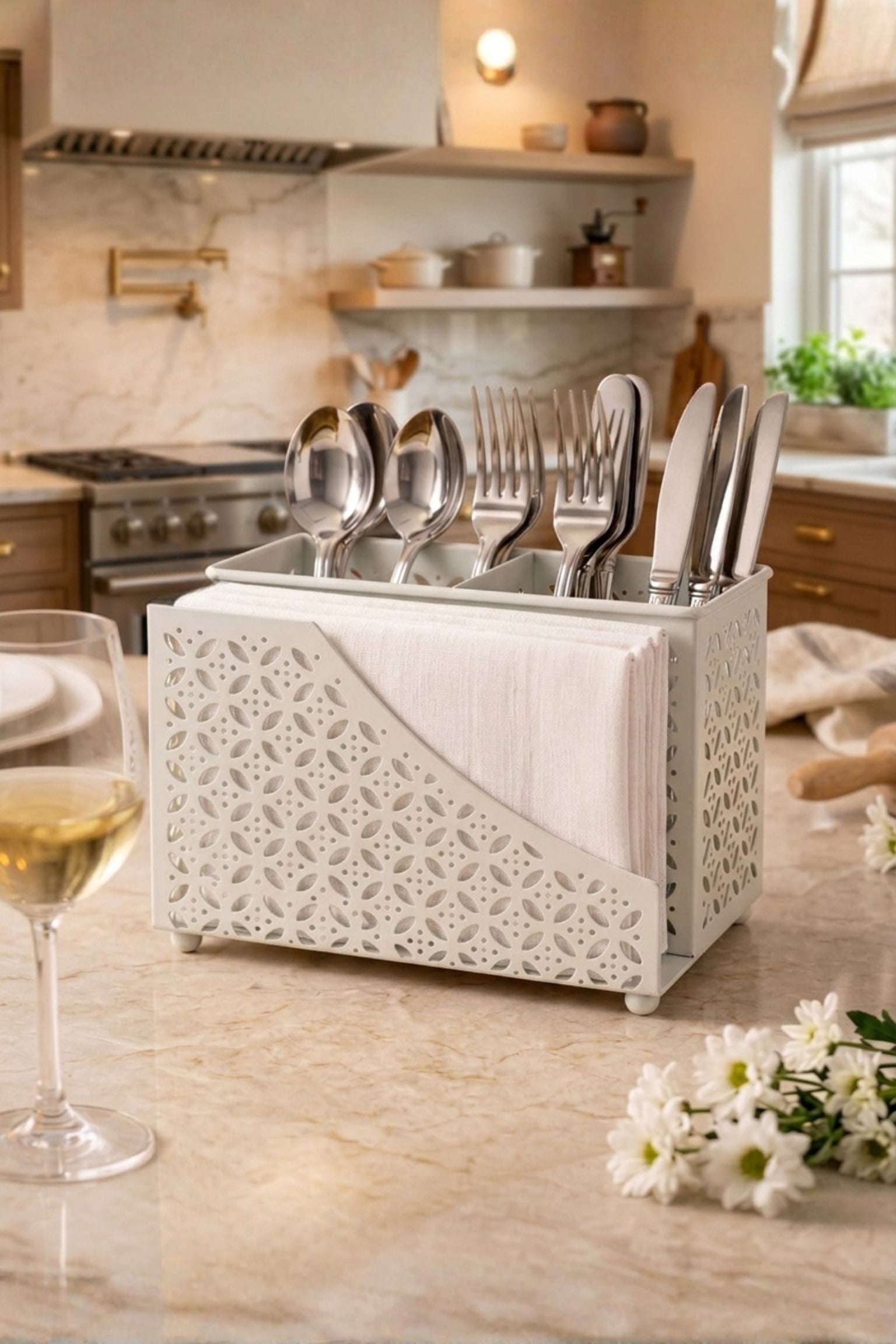 Premium 2-in-1 Cutlery & Napkin Holder | Elegant Cream Metal Organizer with Laser Cut Floral Design | Tabletop Storage for Spoons, Forks, Knives & Tissue | Kitchen & Dining Decor