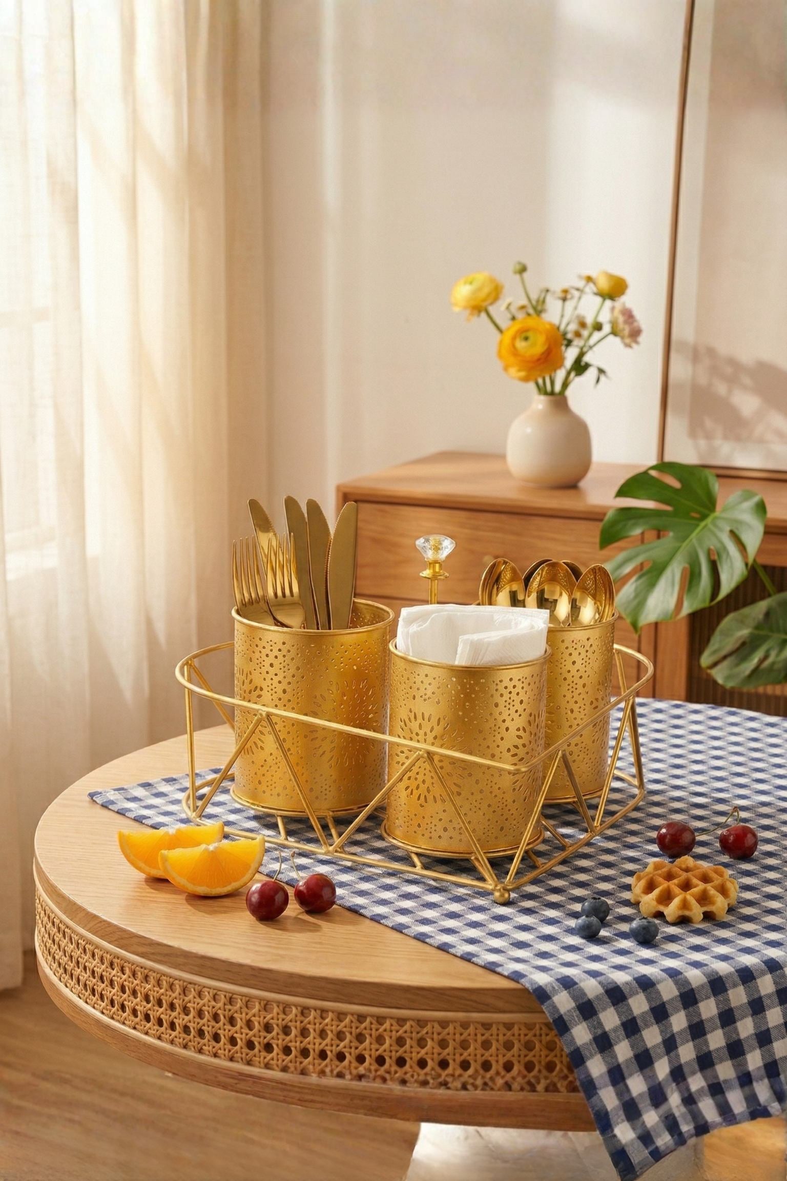 Premium 3-Compartment Metal Cutlery & Napkin Holder | Elegant Gold Finish Galvanized Organizer with Stand | Spoon, Fork, Knife & Tissue Storage for Dining Table & Kitchen Décor