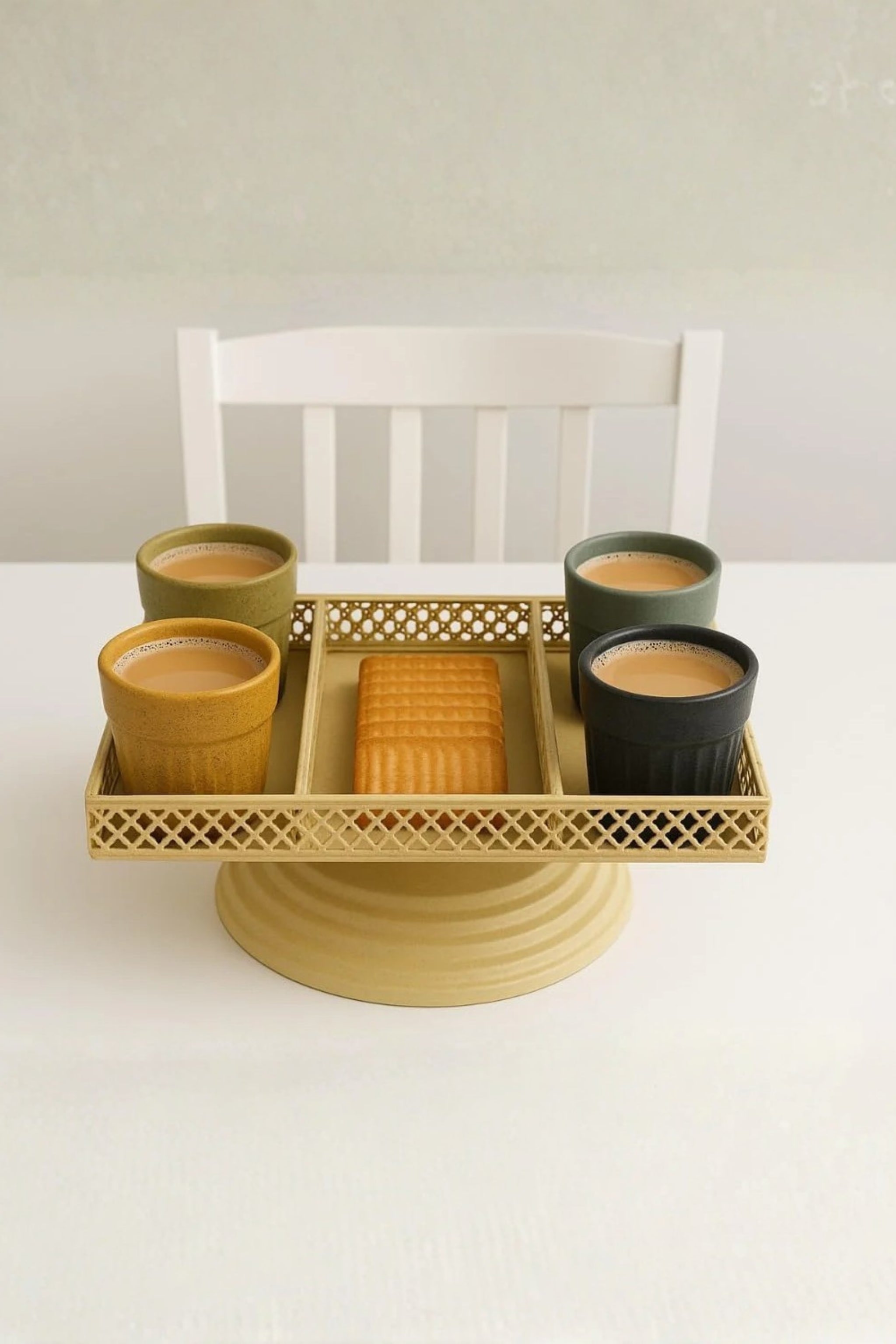 Premium Ceramic Kulhad Tea Cup Set of 4 with Metal Trolley Stand | Multicolor Traditional Cups with Snack Tray | Elegant Tea Coffee Serving Set for Home, Kitchen & Gifting