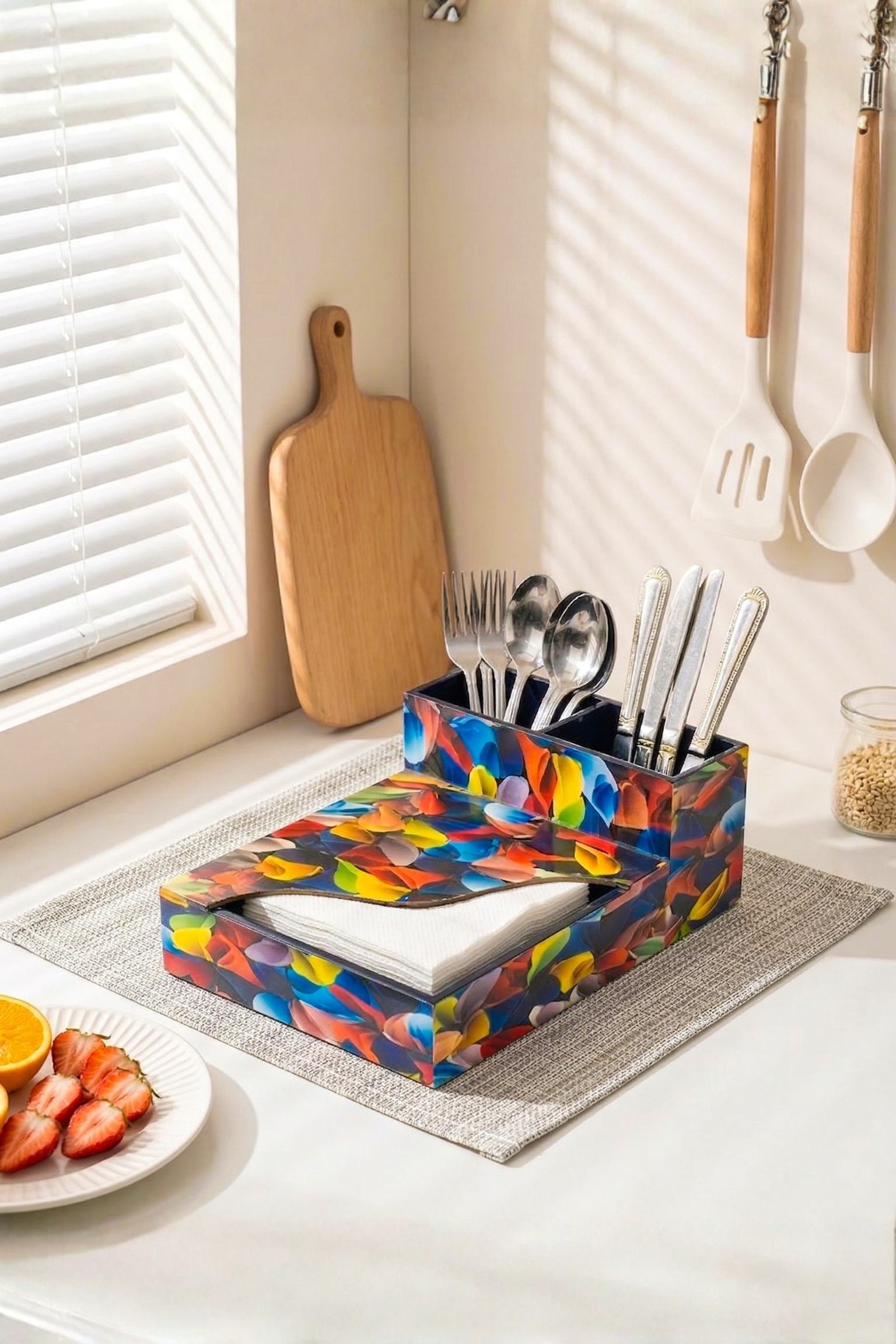 Premium MDF Cutlery & Napkin Holder | Flower Petals Printed Wooden Organizer with Dual Compartments | Multipurpose Spoon Stand for Dining Table, Kitchen & Home Décor