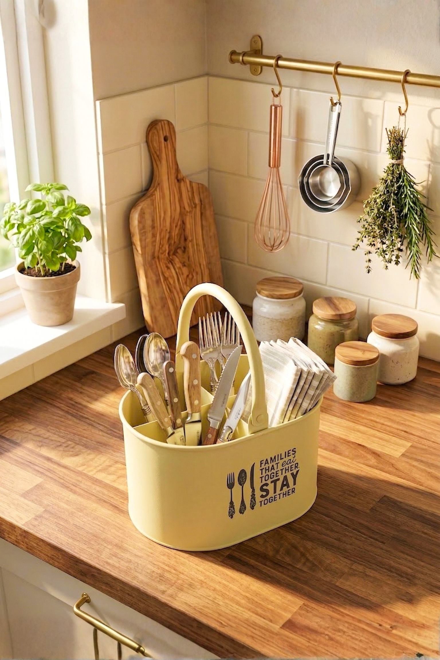 Premium Metal Cutlery Holder with Handle | 4 Compartment Utensil Caddy Basket Organizer | Portable Spoon, Fork, Knife & Napkin Stand for Kitchen, Dining Table & Home Storage