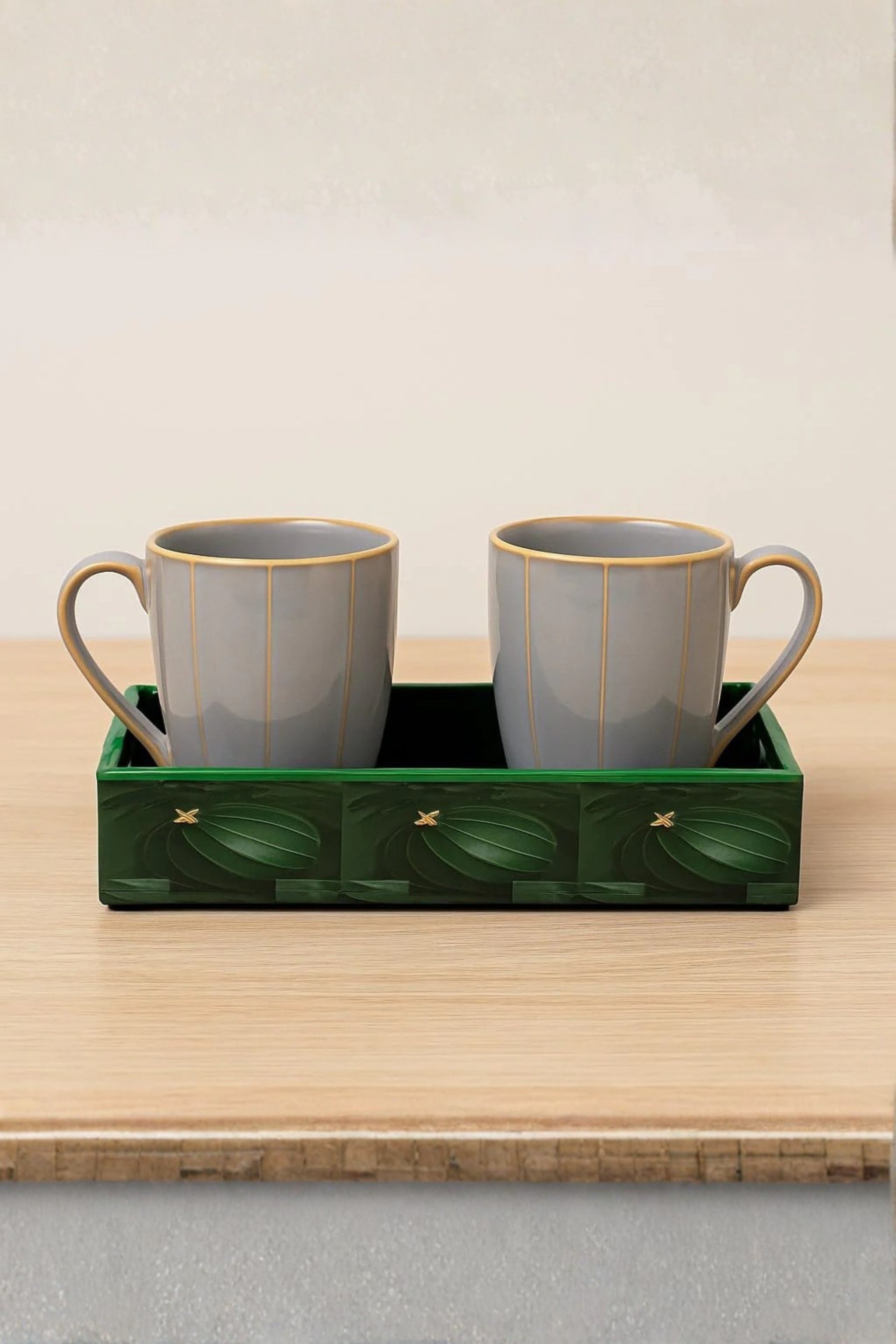 Premium Grey Ceramic Coffee Mug Set with Decorative Tray | 2 Pcs Elegant Tea & Coffee Cups | Gold Line Finish Drinkware with Designer Green Serving Base | Luxury Gifting Set for Home & Office