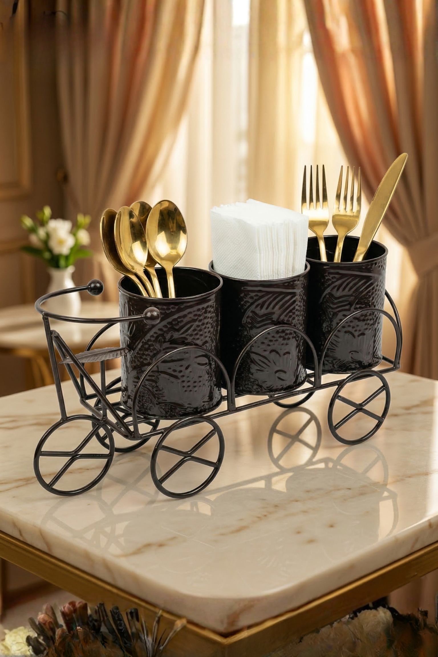 Luxury Brown Metal Cutlery & Napkin Holder | 3-Compartment Designer Cart Style Organizer with Ornate Detailing | Spoon, Fork, Knife & Tissue Stand for Dining Table & Kitchen Décor