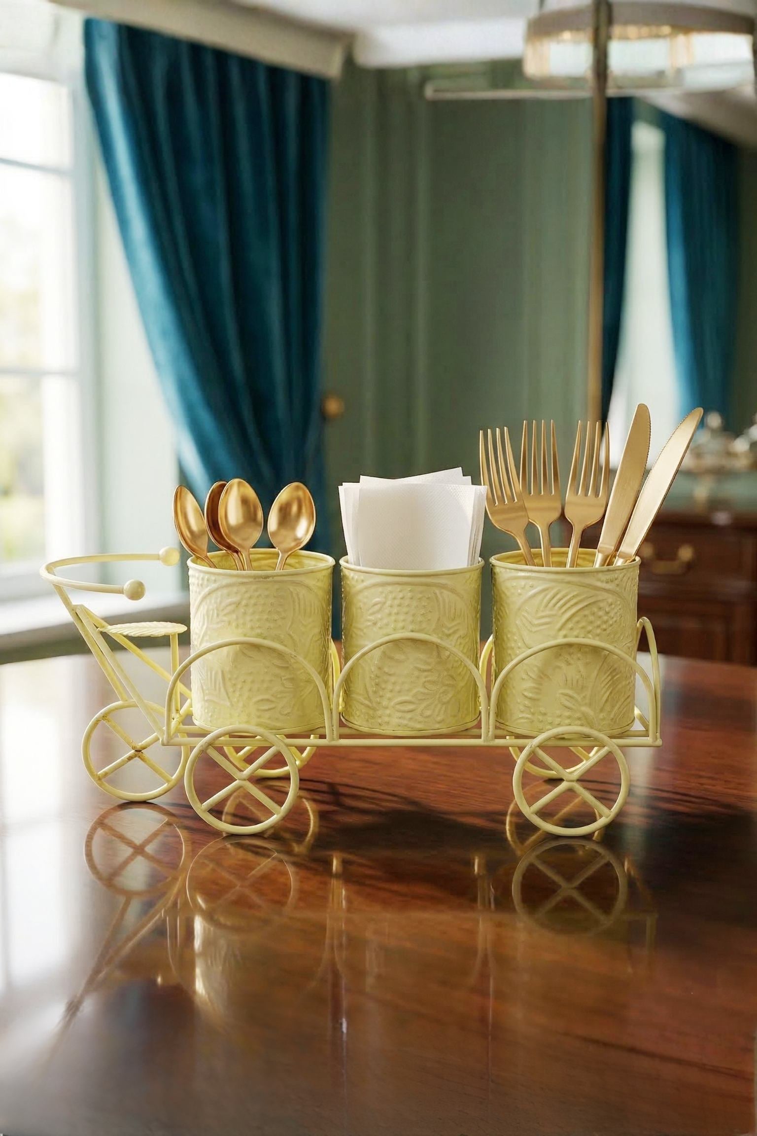 Luxury Cream Metal Cutlery & Napkin Holder | 3-Compartment Designer Cart Style Organizer with Ornate Detailing | Spoon, Fork, Knife & Tissue Stand for Dining Table & Kitchen Décor
