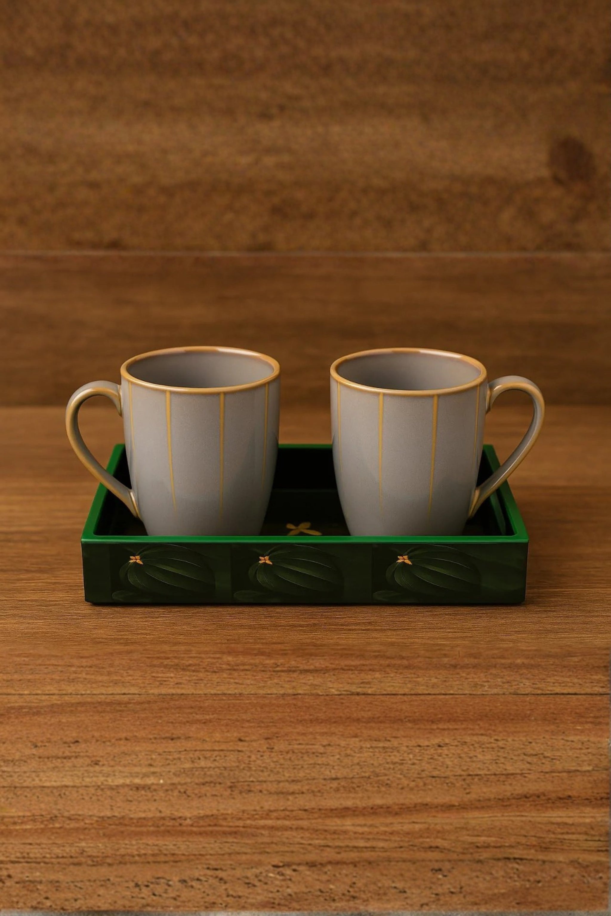 Premium Grey Ceramic Coffee Mug Set with Decorative Tray | 2 Pcs Elegant Tea & Coffee Cups | Gold Line Finish Drinkware with Designer Green Serving Base | Luxury Gifting Set for Home & Office