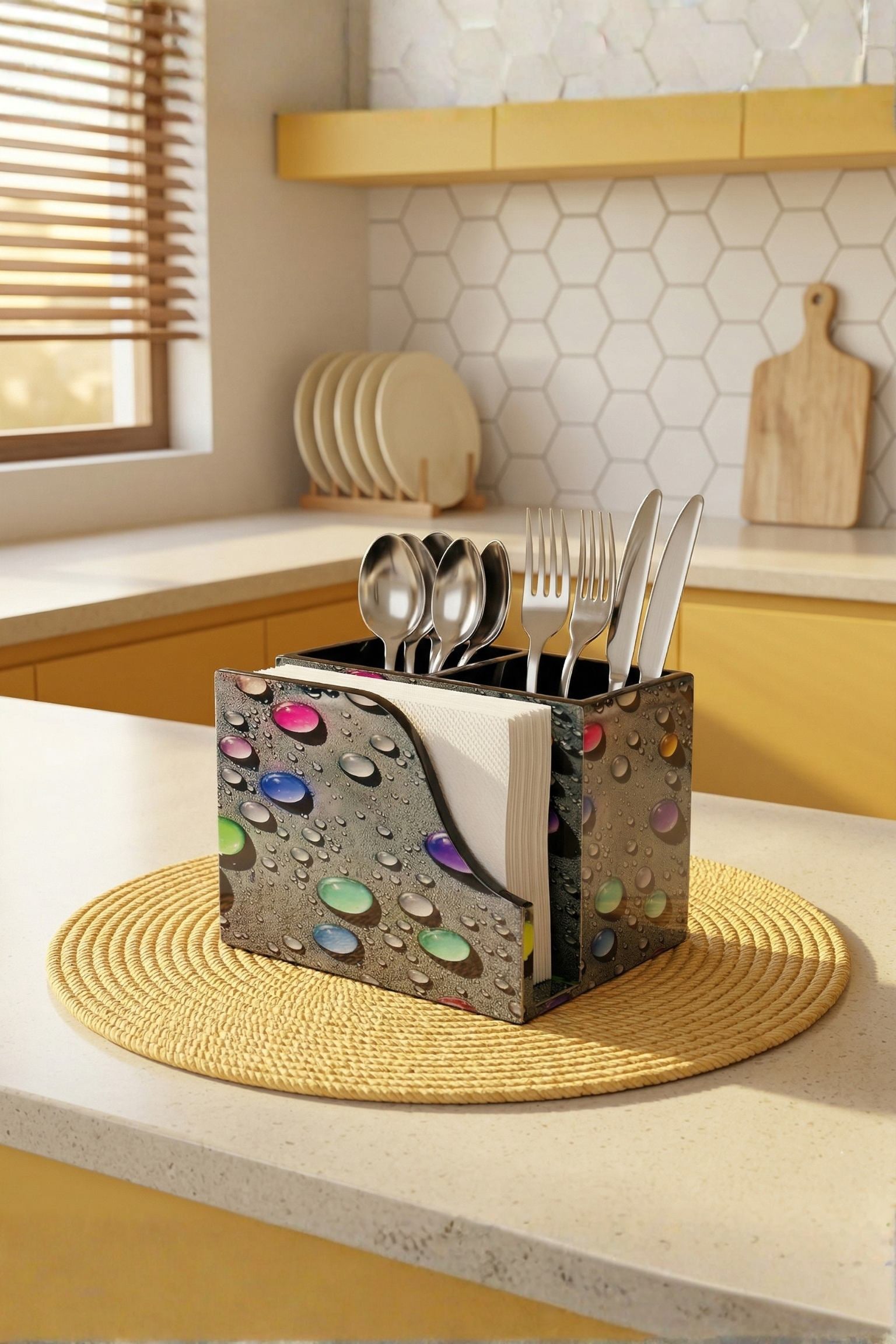 Premium MDF Cutlery & Napkin Holder | Designer Bubble Printed Wooden Organizer with Dual Compartments | Spoon, Fork, Knife & Tissue Stand for Dining Table, Kitchen & Home Décor