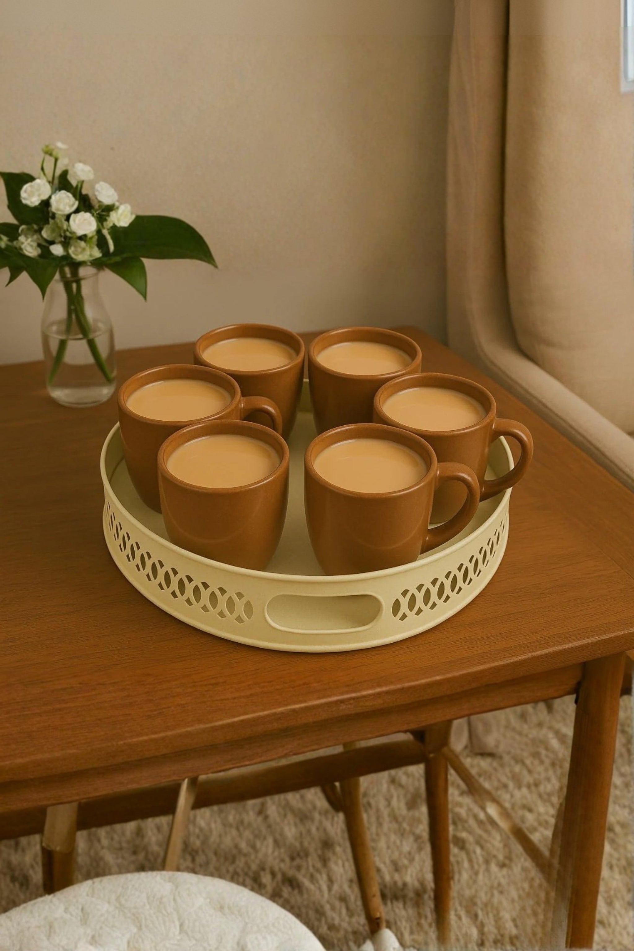 Premium Brown Ceramic Tea & Coffee Cup Set with Serving Tray | 6 Pcs Elegant Drinkware Set | Durable Glossy Finish Mugs with Designer Round Tray | Ideal for Home, Office & Gifting