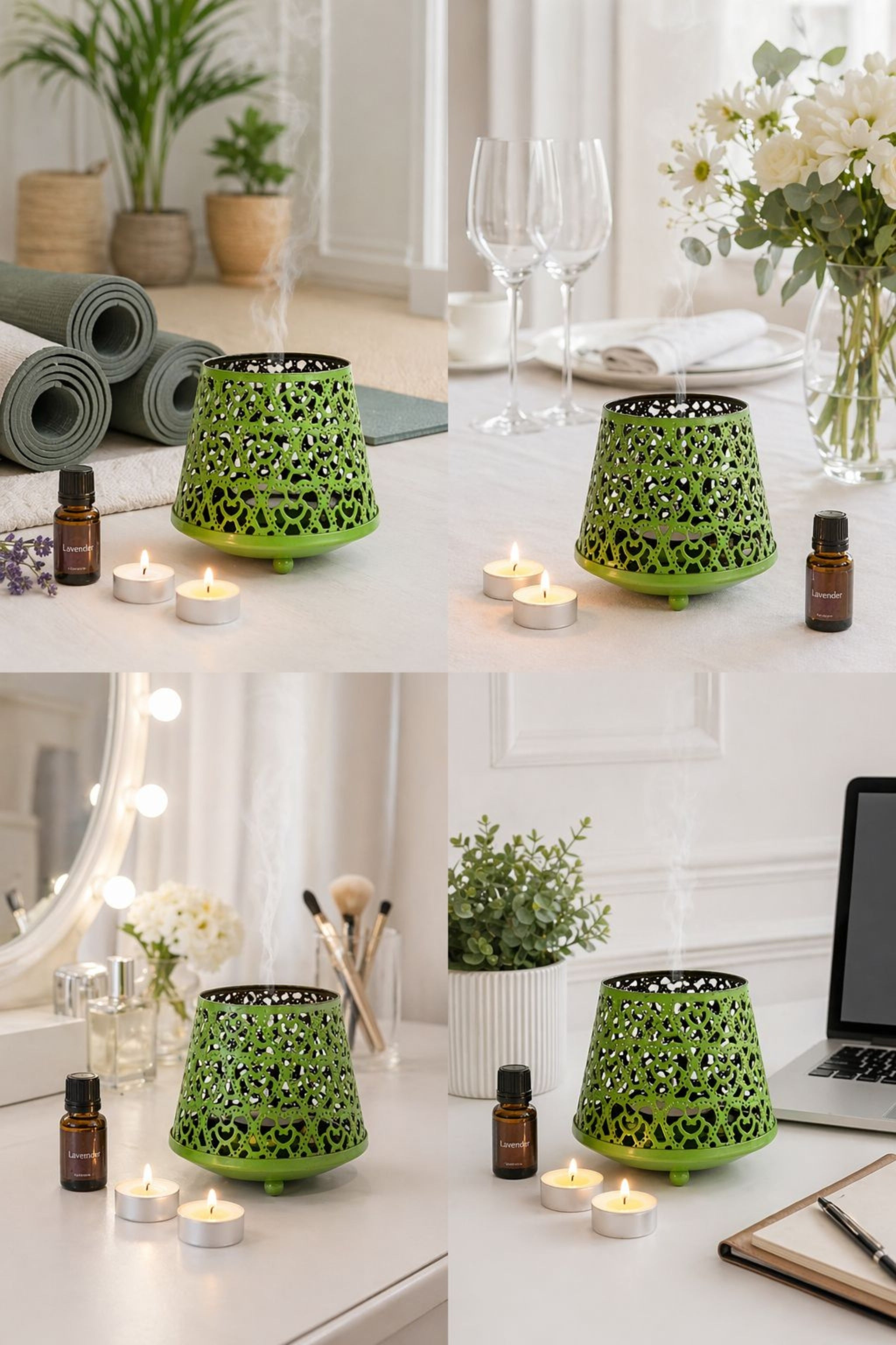Green Tealight Aroma Diffuser with Decorative Cutwork Design | Essential Oil Burner with Glass Bowl for Home, Spa & Relaxation | Fragrance Diffuser with Free 10ml Aroma Oil & 2 Tea Light Candles