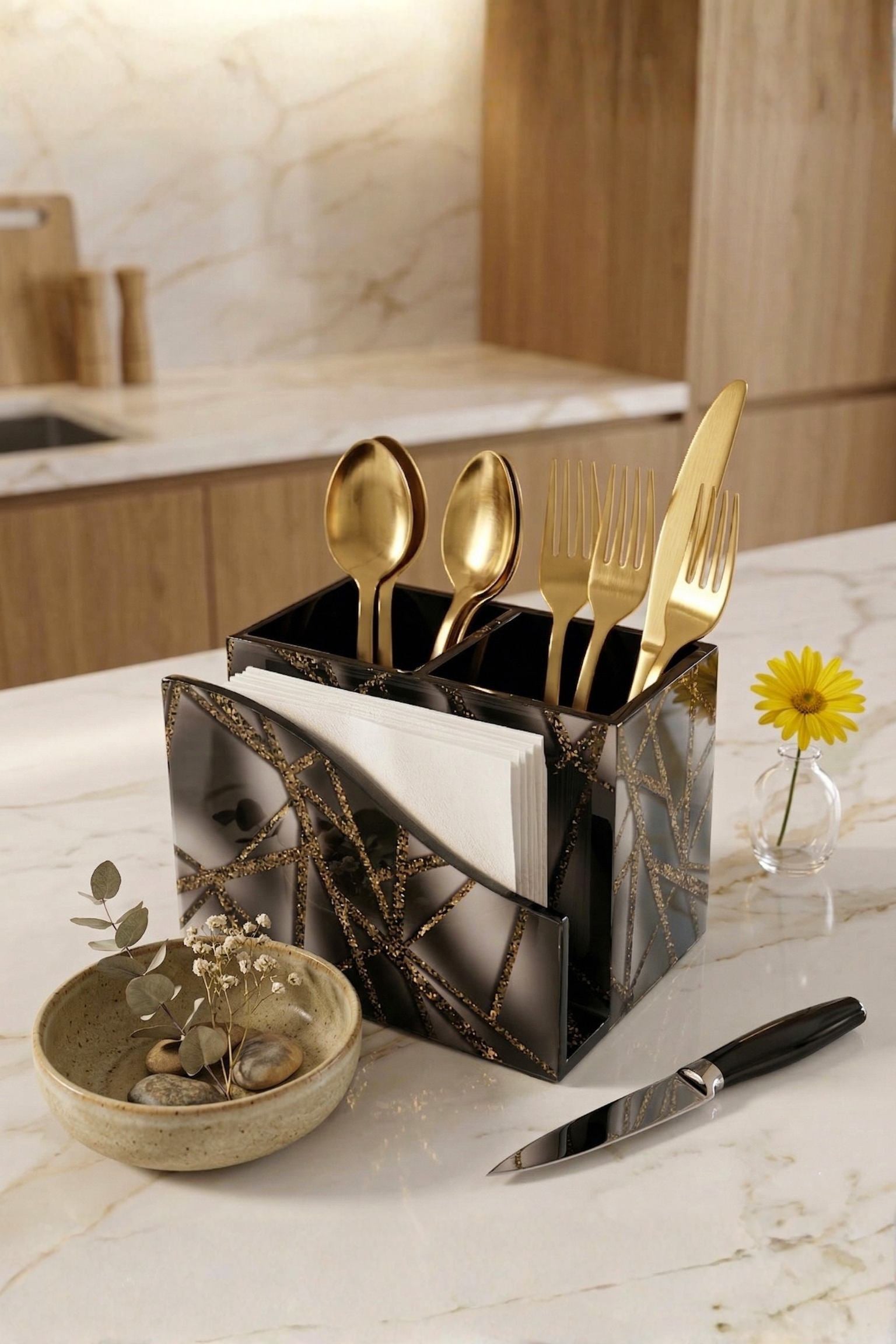 Premium MDF Cutlery & Napkin Holder | Designer Zig Printed Wooden Organizer with Dual Compartments | Spoon, Fork, Knife & Tissue Stand for Dining Table, Kitchen & Home Décor