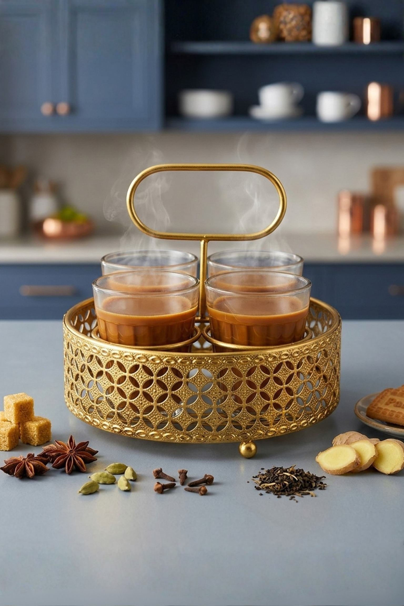 Premium Cutting Printed Chai Glass Set of 4 with Gold Metal Stand | 120ml Designer Tea Glasses with Ornate Holder Tray | Stylish Tea Coffee Serving Set for Home, Café & Kitchen