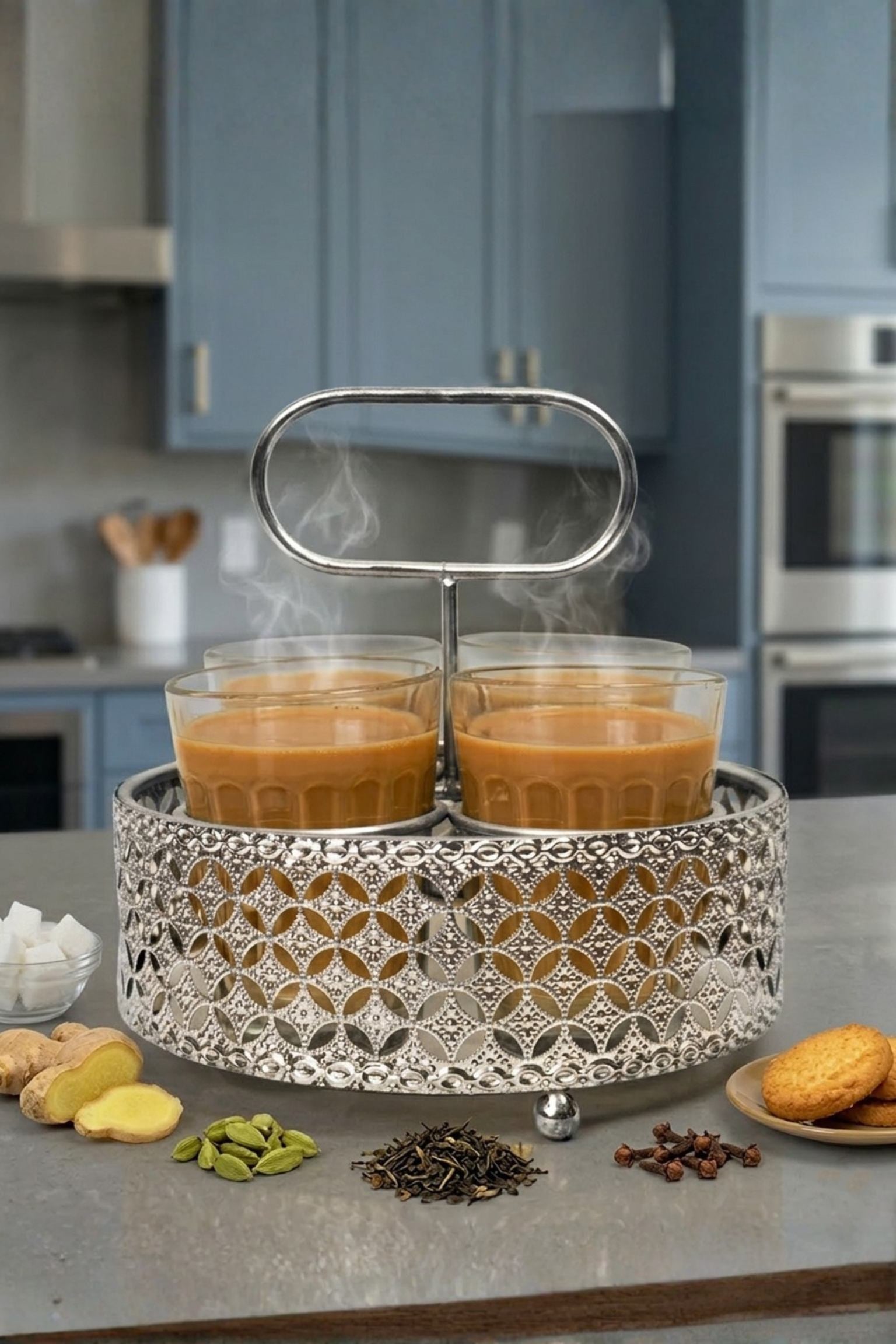Premium Cutting Unique Printed Chai Glass Set of 4 with Silver Metal Stand | 120ml Designer Tea Glasses with Ornate Holder Tray | Stylish Tea Coffee Serving Set for Home, Café & Kitchen