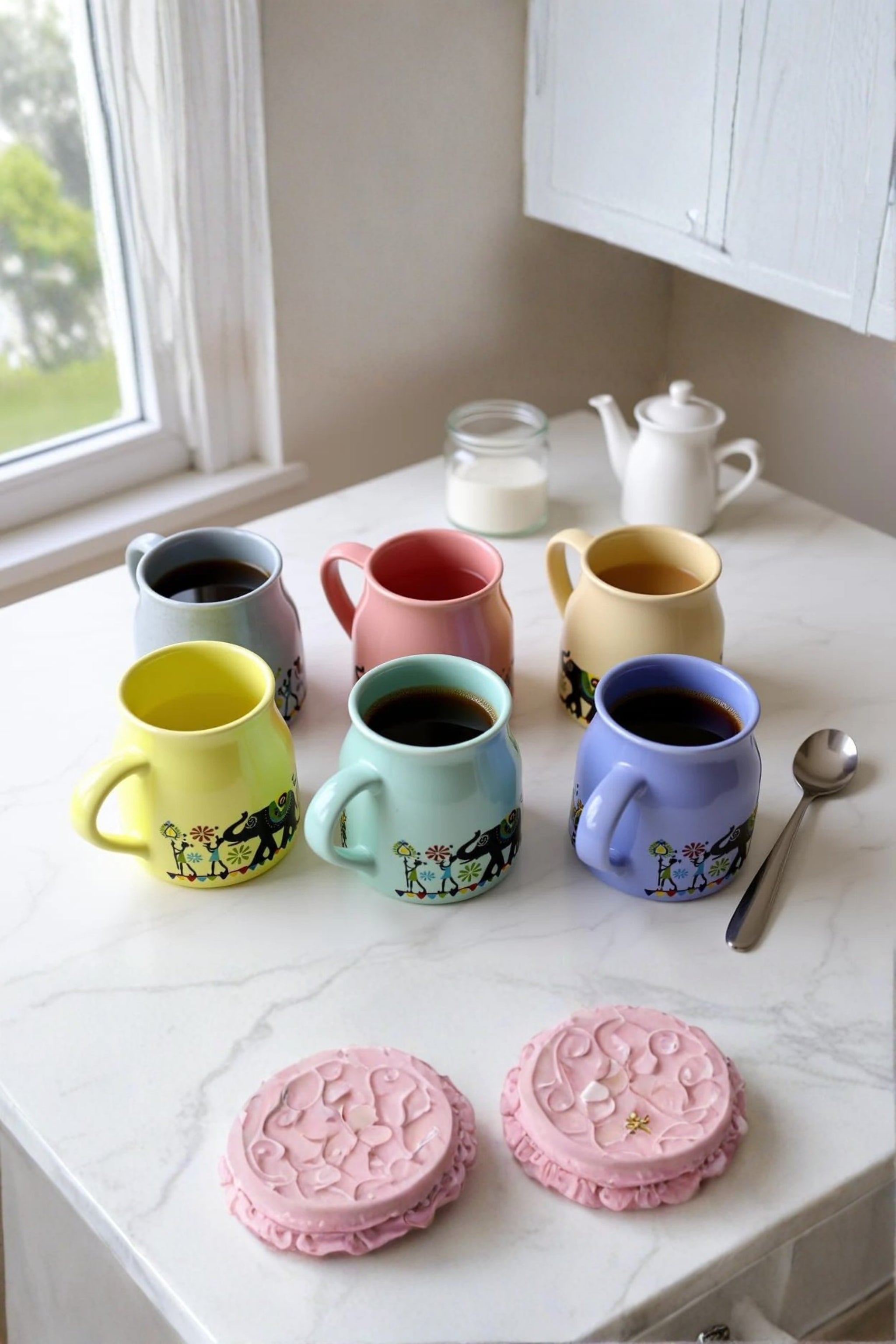 Printed Ceramic Coffee Mug Set Of 6 With Metal Stand | Designer Tea & Coffee Cups With Holder For Home, Kitchen, Office & Gifting