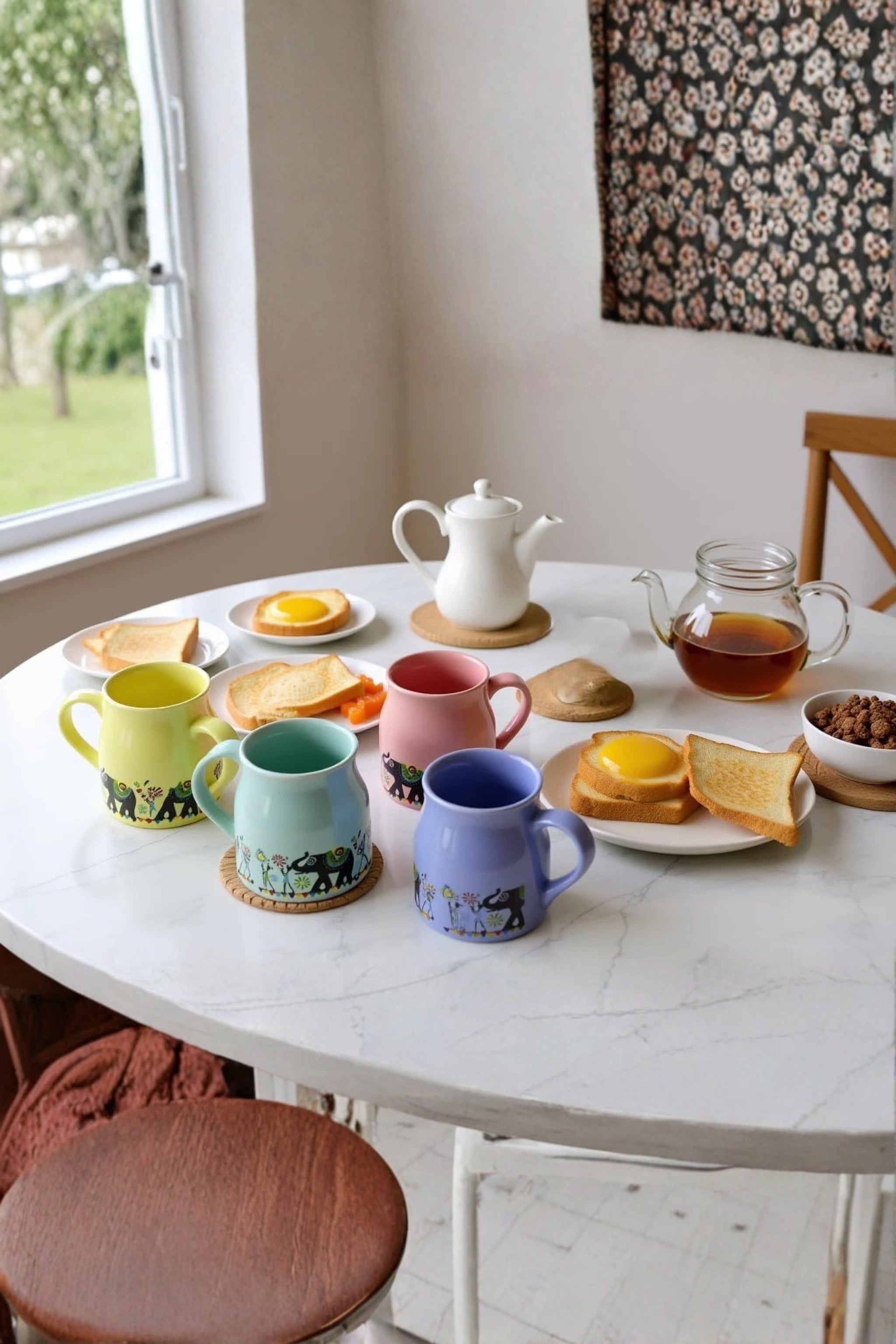 Printed Ceramic Coffee Mug Set Of 6 With Metal Stand | Designer Tea & Coffee Cups With Holder For Home, Kitchen, Office & Gifting