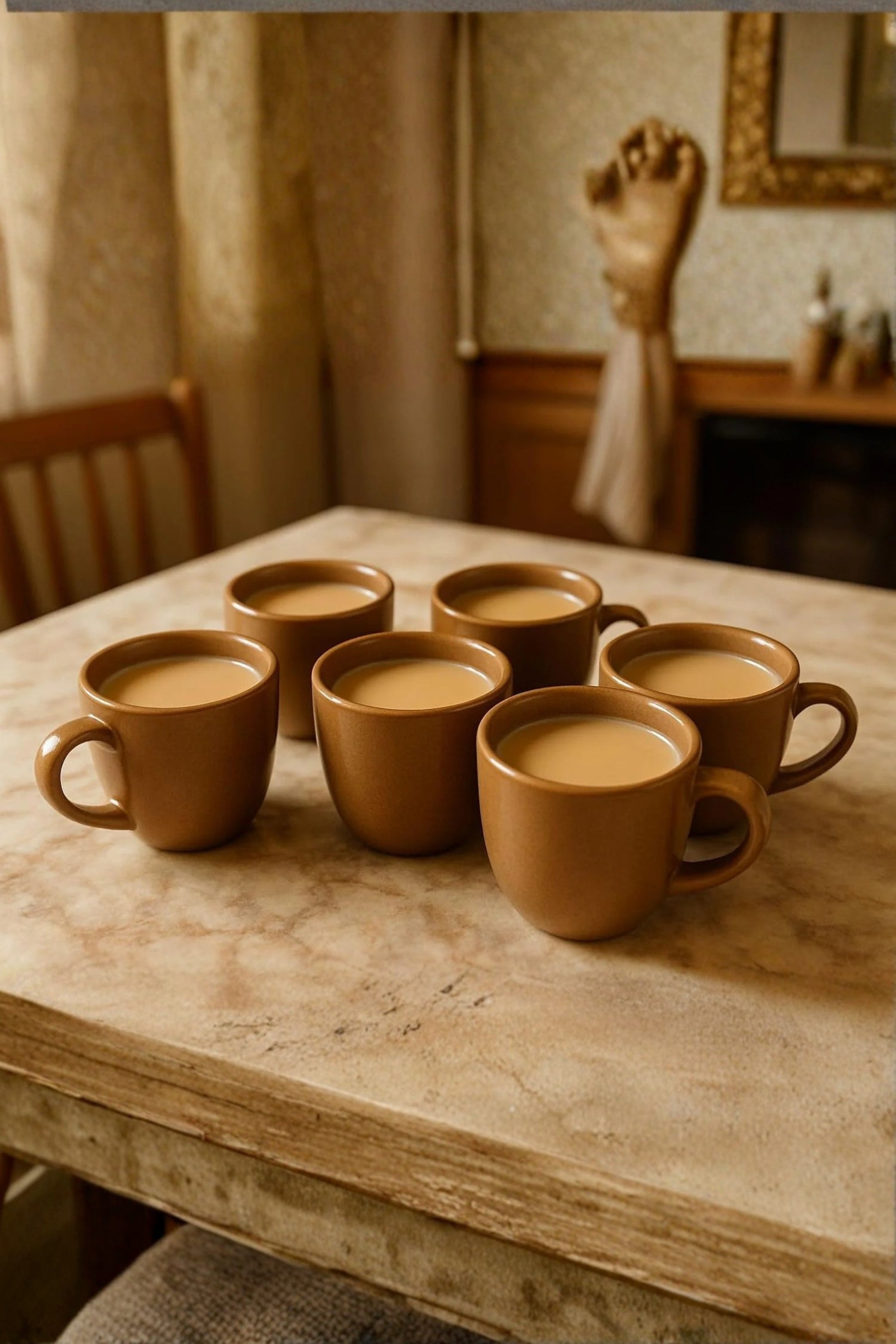 Porcelain Coffee Mug Set Of 6 With Metal Stand | 180ml Brown Ceramic Tea & Coffee Cups For Home, Office & Gifting | Microwave & Dishwasher Safe