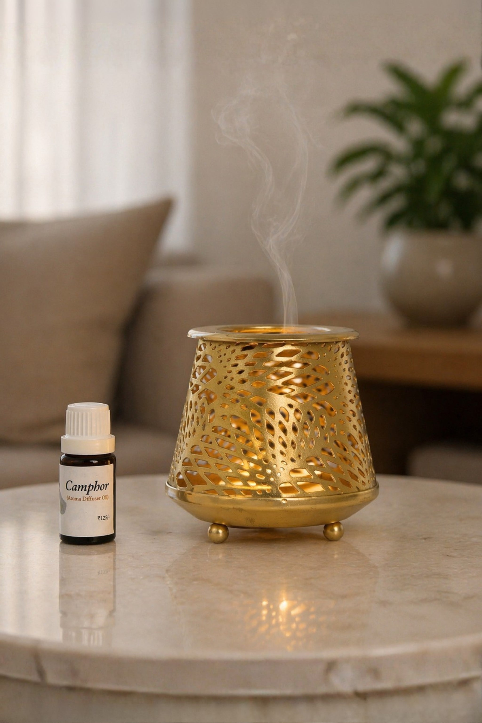 Golden Tealight Aroma Diffuser with Decorative Cutwork Design | Essential Oil Burner with Glass Bowl for Home, Spa & Relaxation | Fragrance Diffuser with Free 10ml Aroma Oil & 2 Tea Light Candles