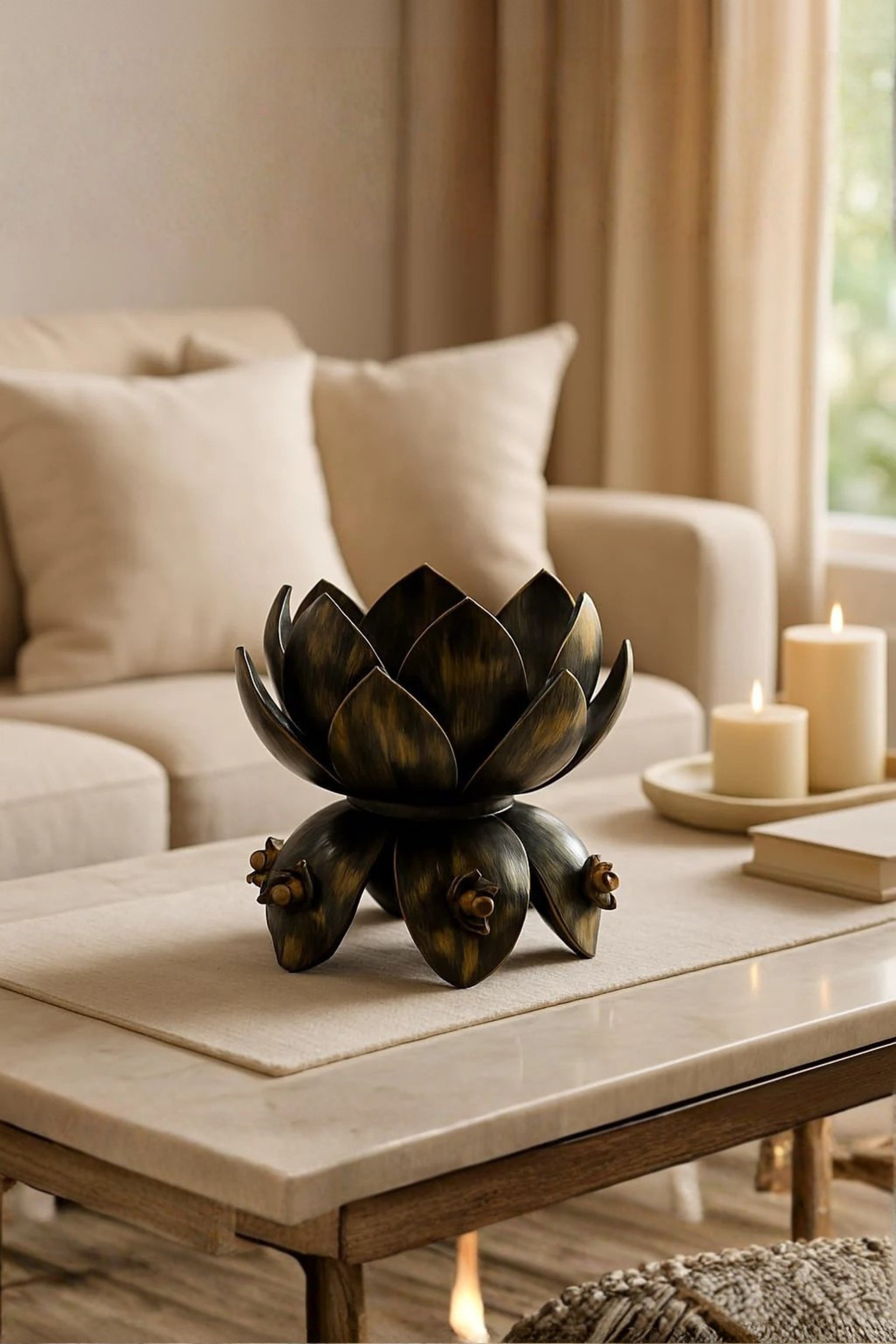 Lucky Bamboo Plant with Lotus Metal Base & Glass Vase | Decorative Indoor Planter for Home & Office Décor