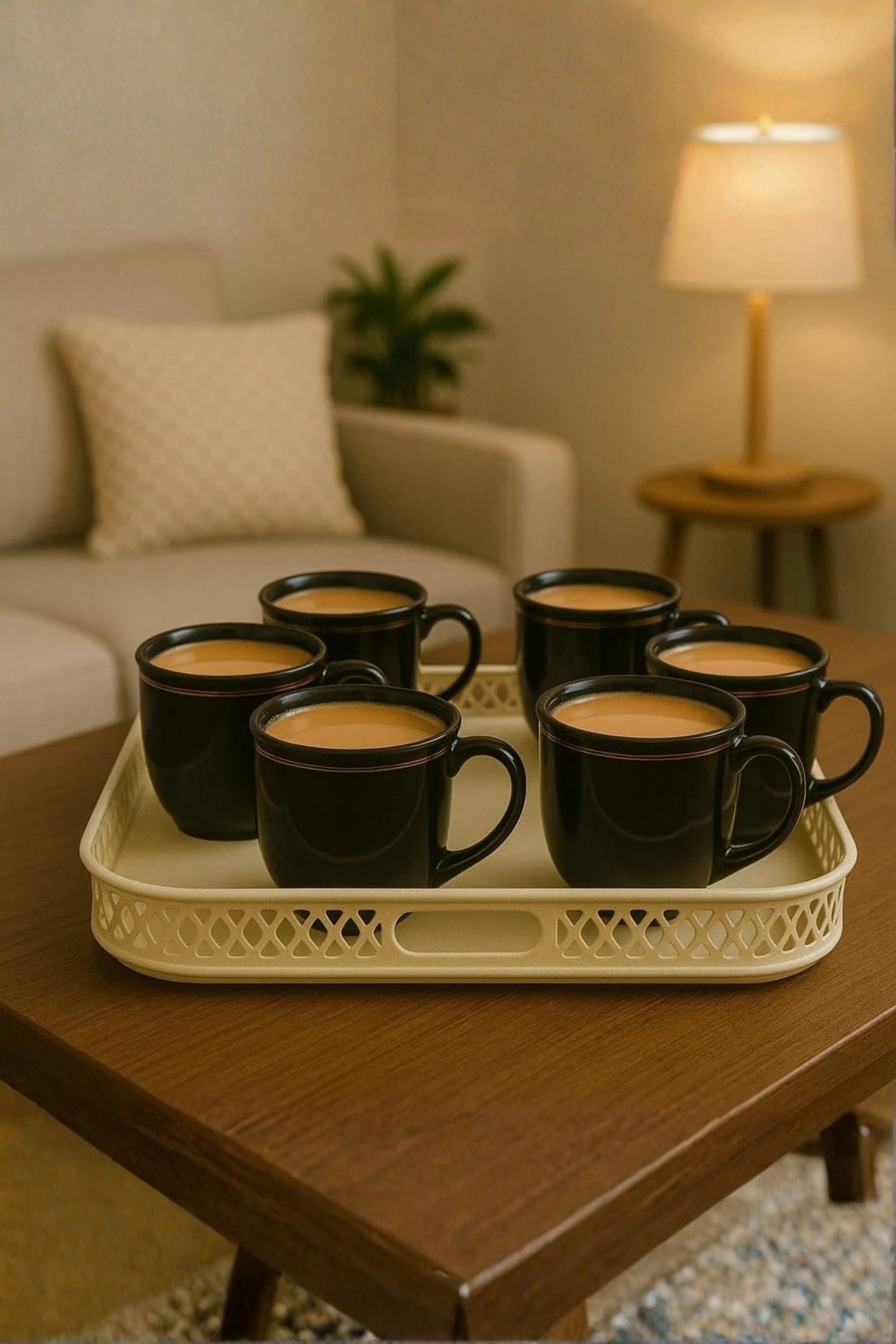 Set Of 6 Black Tea Coffee Cups With Ivory Metal Tray | Porcelain Mug Set With Serving Tray For Home, Office & Gifting