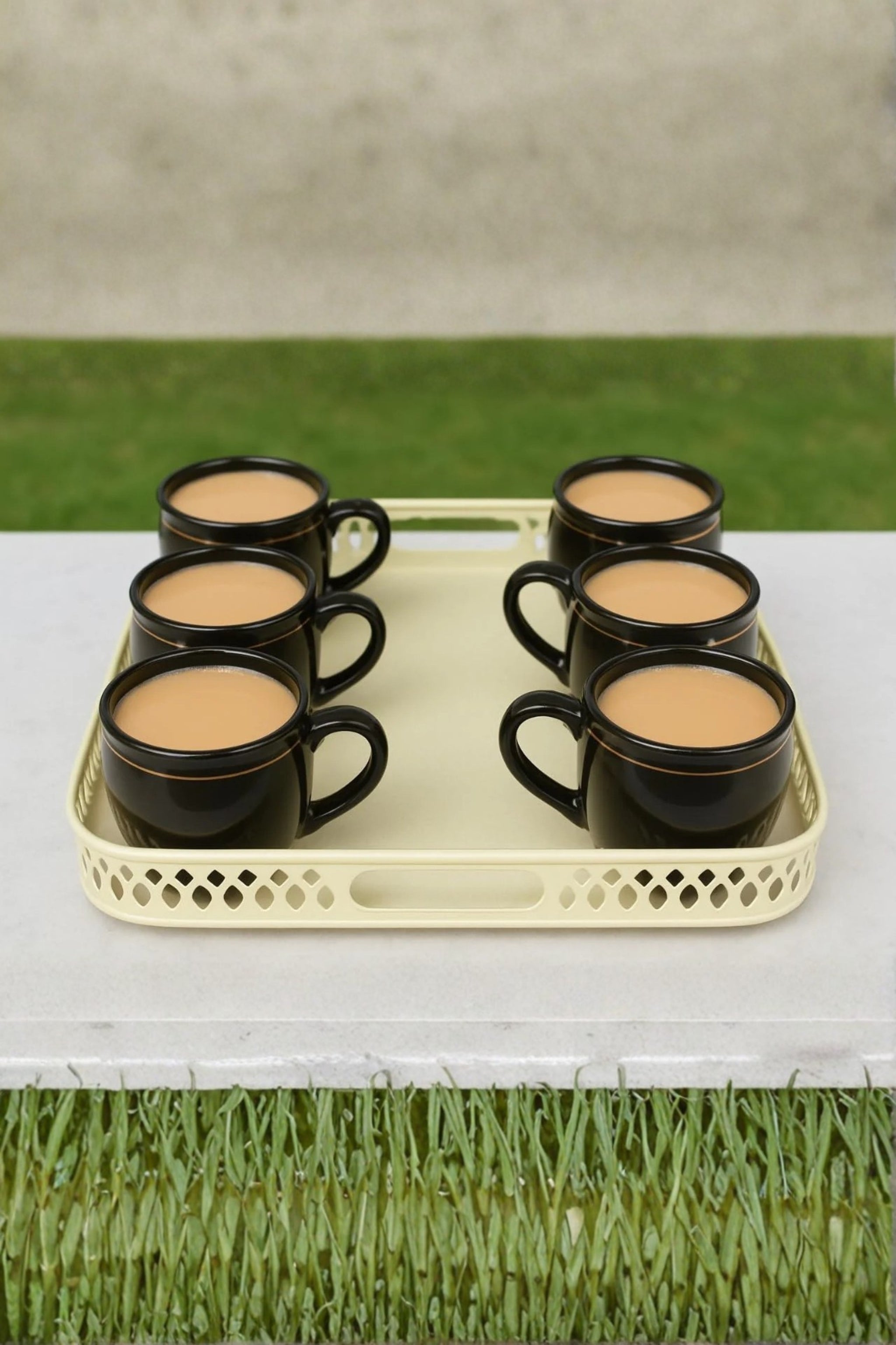 Set Of 6 Black Tea Coffee Cups With Ivory Metal Tray | Porcelain Mug Set With Serving Tray For Home, Office & Gifting