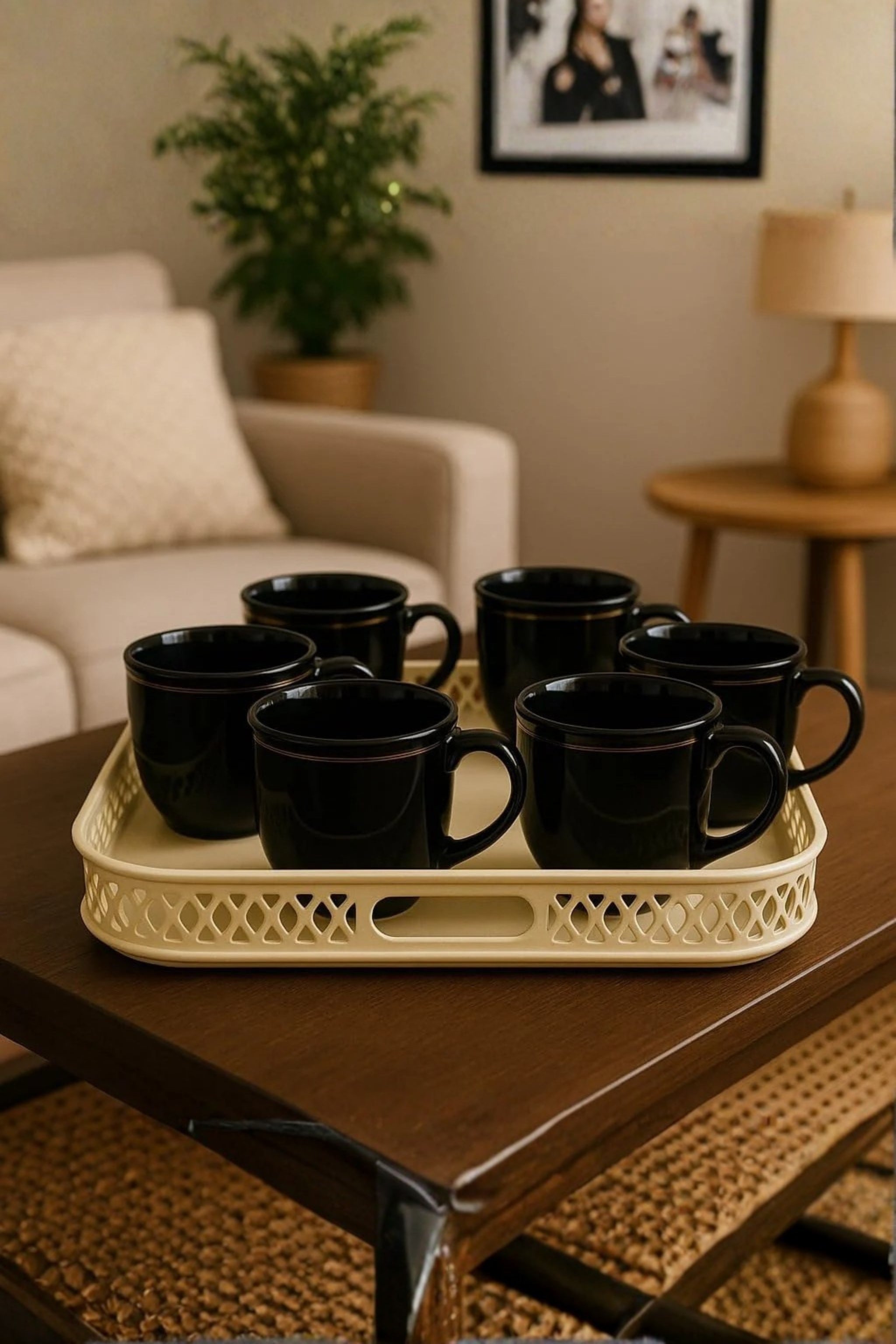Set Of 6 Black Tea Coffee Cups With Ivory Metal Tray | Porcelain Mug Set With Serving Tray For Home, Office & Gifting