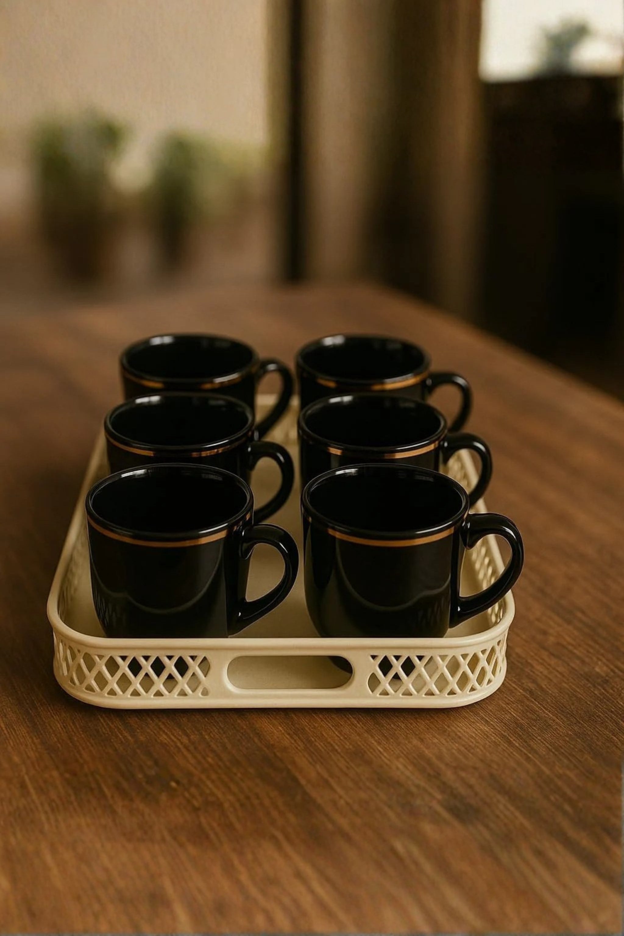 Set Of 6 Black Tea Coffee Cups With Ivory Metal Tray | Porcelain Mug Set With Serving Tray For Home, Office & Gifting