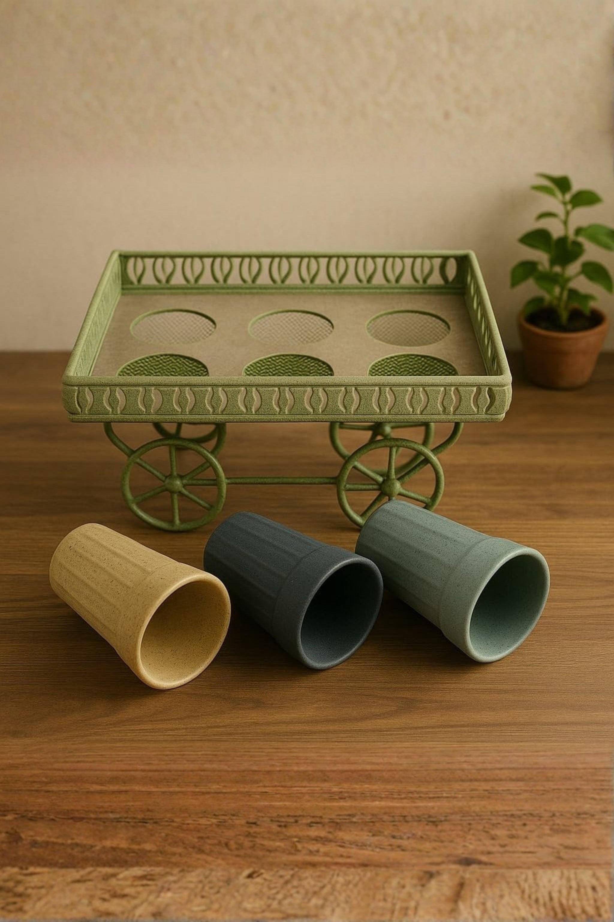 Ceramic Kulhad Tea Cups Set of 6 with Metal Trolley Stand | Traditional Handmade Tea Cup Set for Tea, Coffee & Beverages | Stylish Serving Set for Home, Kitchen & Gifting