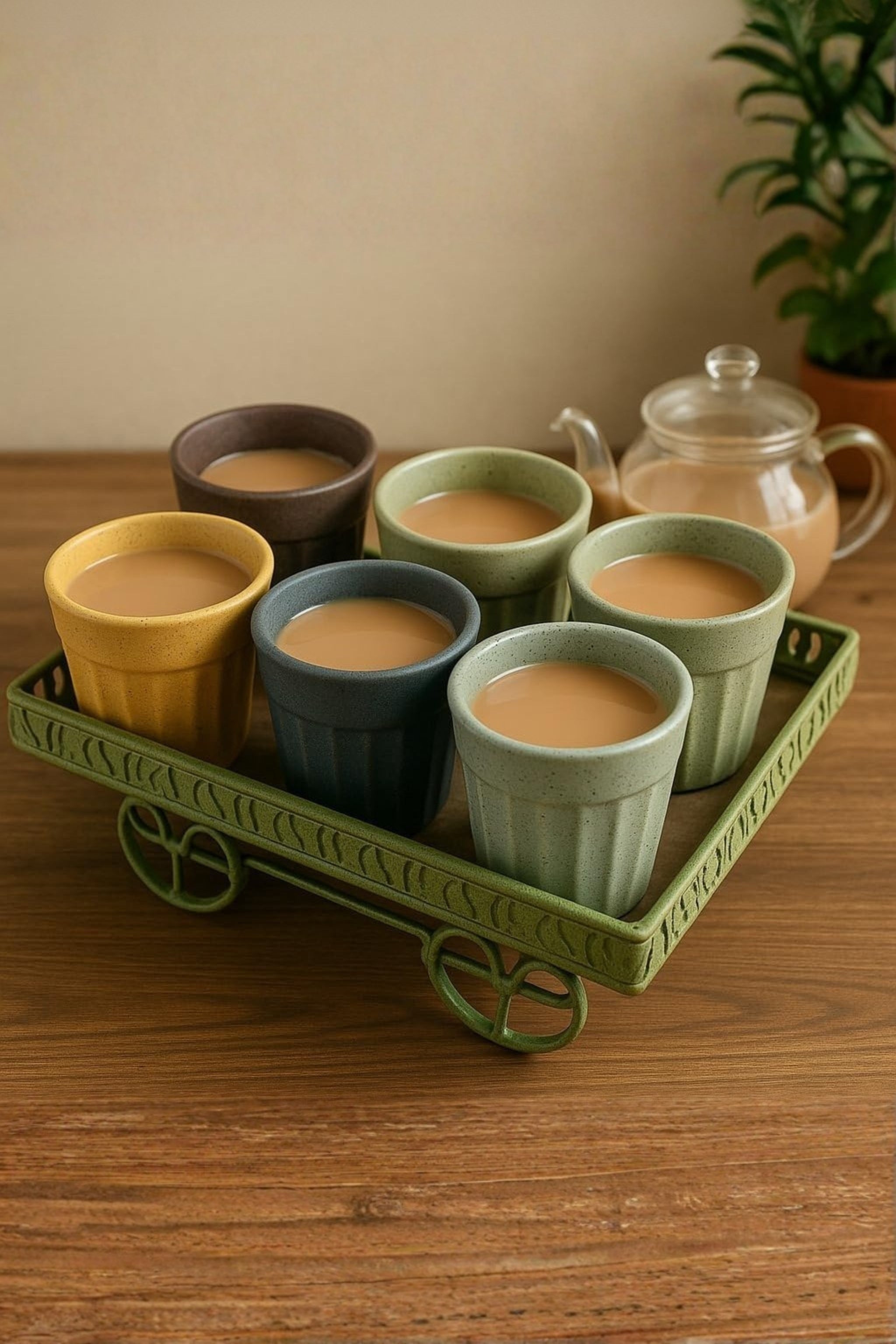 Ceramic Kulhad Tea Cups Set of 6 with Metal Trolley Stand | Traditional Handmade Tea Cup Set for Tea, Coffee & Beverages | Stylish Serving Set for Home, Kitchen & Gifting