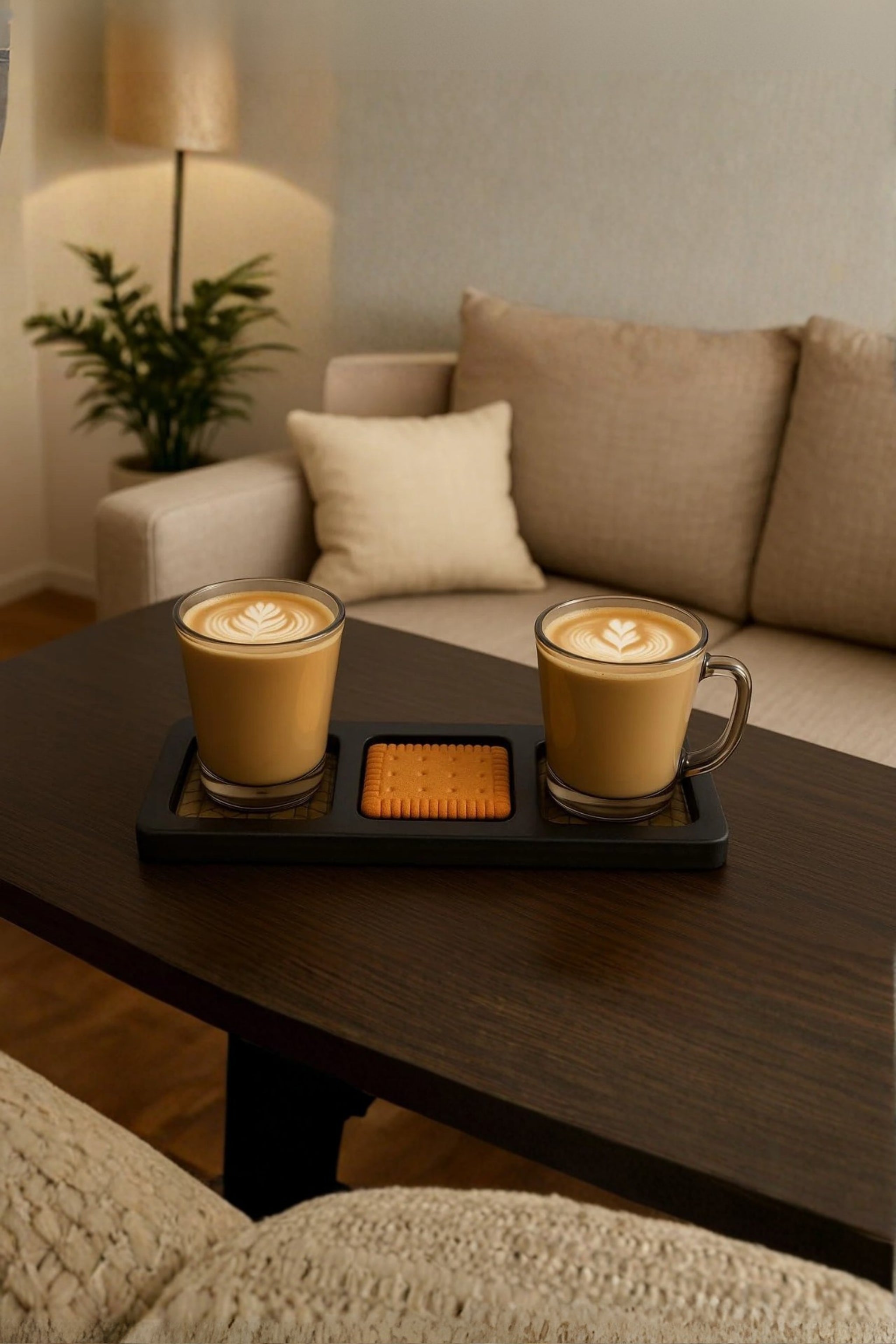 Double Wall Glass Mug Set of 2 with MDF Serving Tray | Borosilicate Transparent Coffee & Tea Cups with Handle | Premium Hot & Cold Beverage Glasses for Home, Office & Gifting