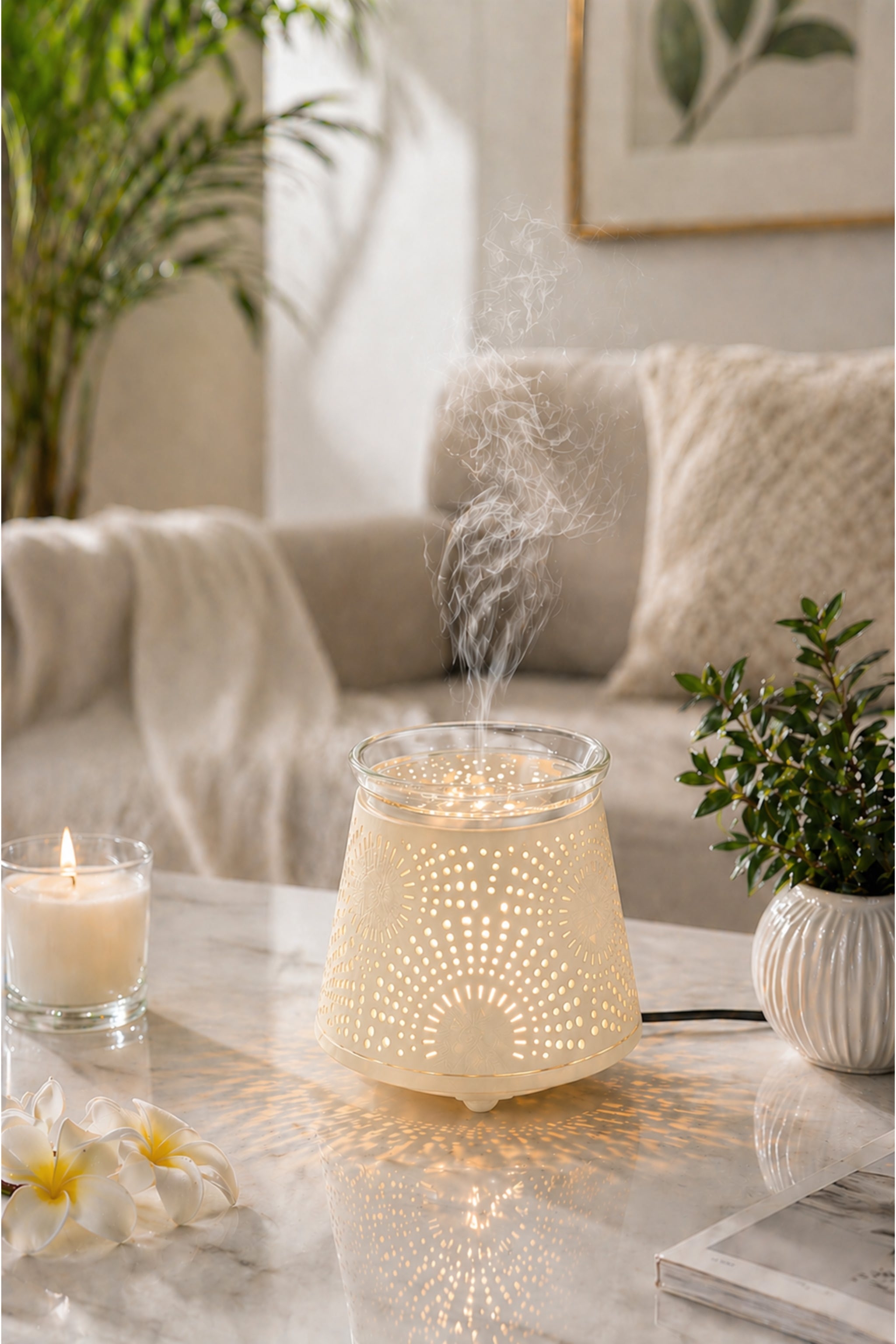White & Gold Electric Aroma Diffuser with Perforated Design | Essential Oil Burner Lamp with Glass Bowl for Home, Spa & Relaxation | Decorative Fragrance Diffuser for Bedroom & Gifting