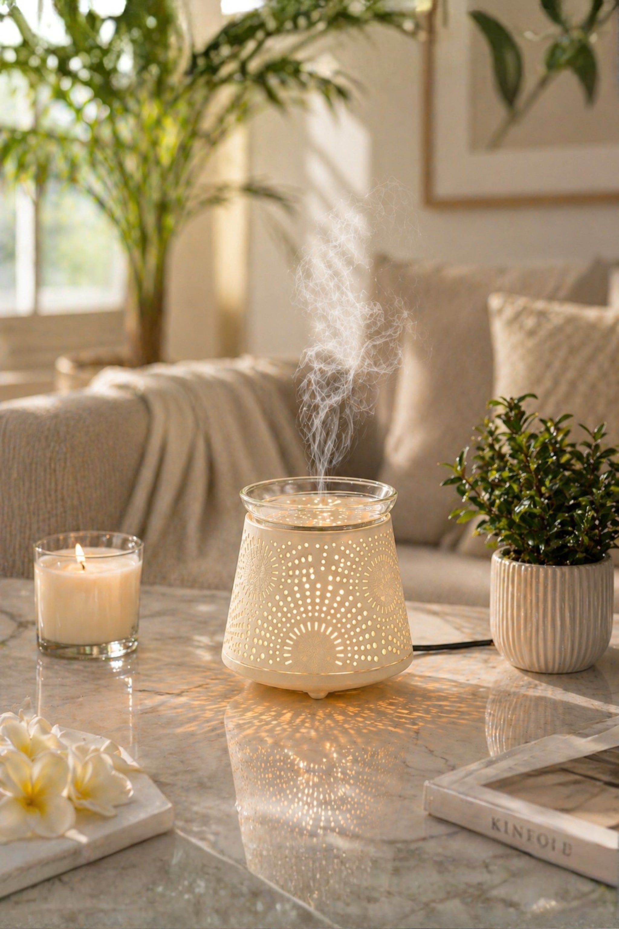 White & Gold Electric Aroma Diffuser with Perforated Design | Essential Oil Burner Lamp with Glass Bowl for Home, Spa & Relaxation | Decorative Fragrance Diffuser for Bedroom & Gifting