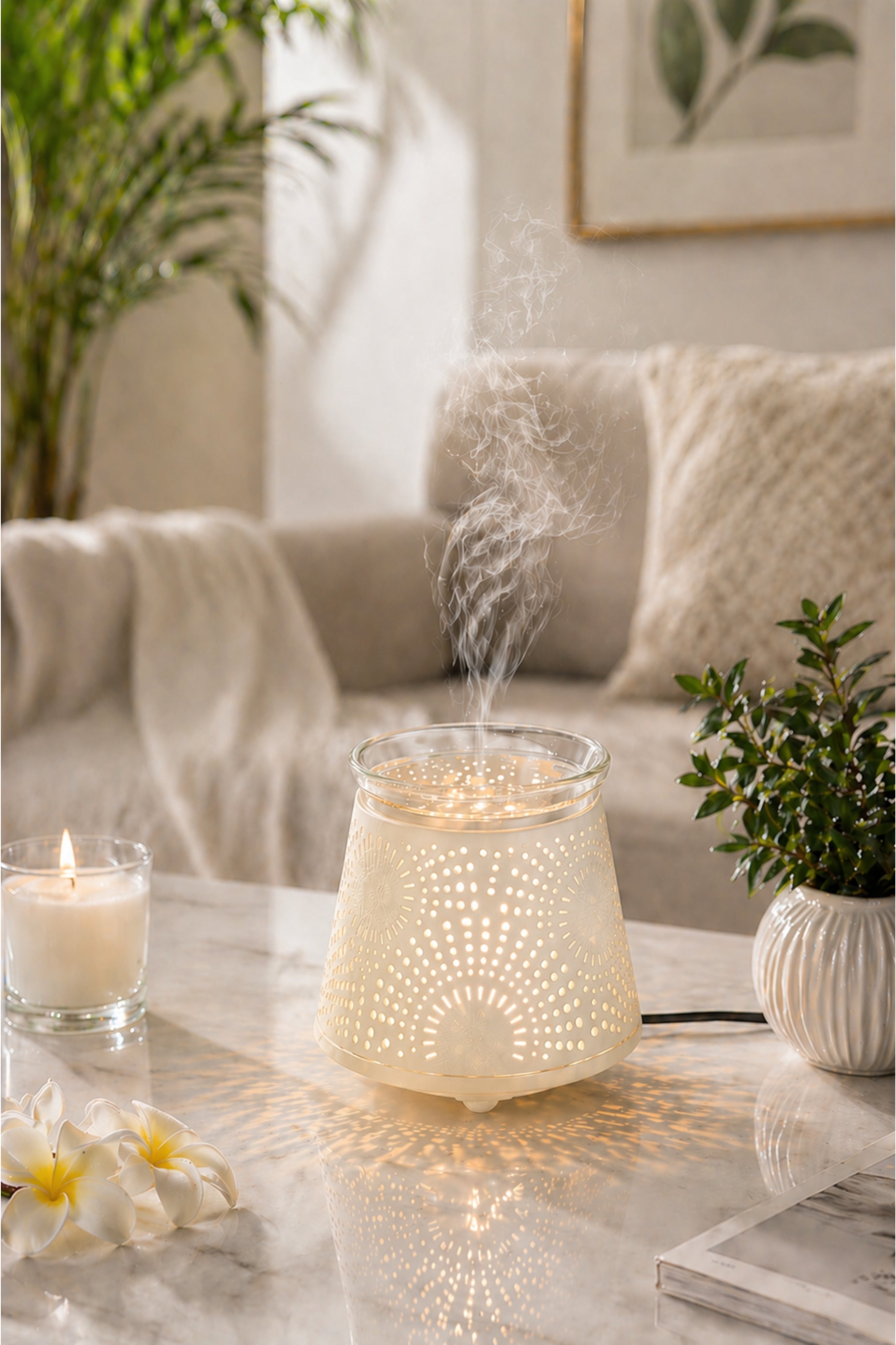 White & Gold Electric Aroma Diffuser with Perforated Design | Essential Oil Burner Lamp with Glass Bowl for Home, Spa & Relaxation | Decorative Fragrance Diffuser for Bedroom & Gifting