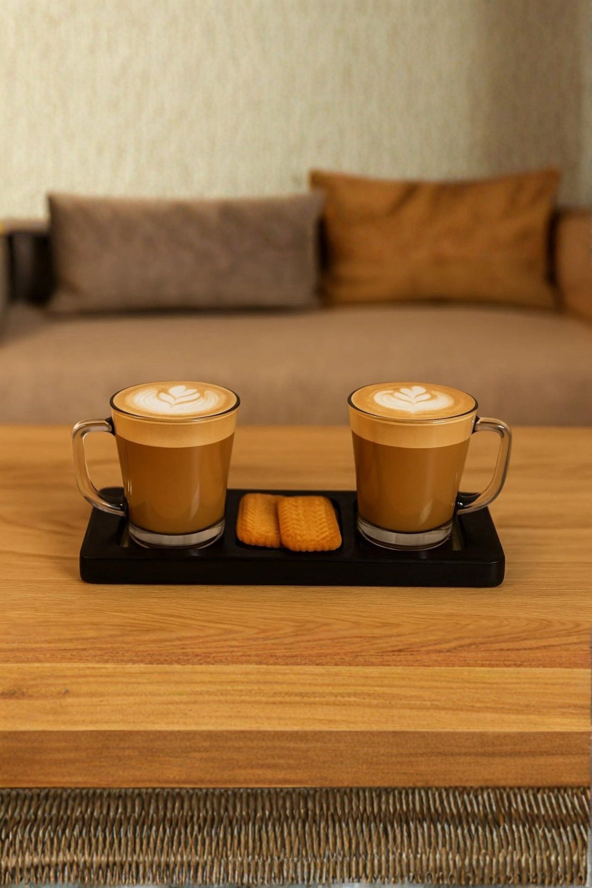 Double Wall Glass Mug Set of 2 with MDF Serving Tray | Borosilicate Transparent Coffee & Tea Cups with Handle | Premium Hot & Cold Beverage Glasses for Home, Office & Gifting
