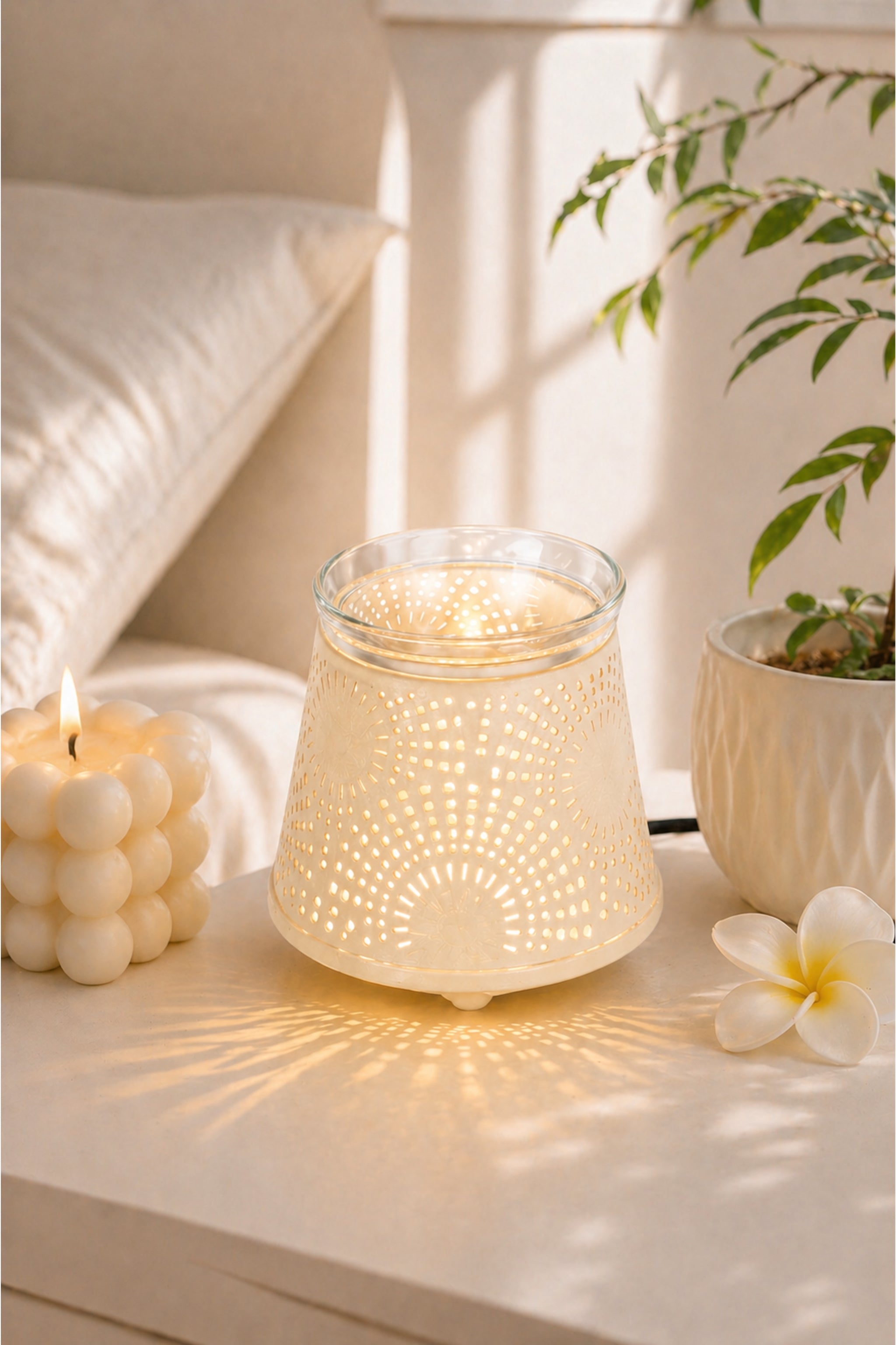 White & Gold Electric Aroma Diffuser with Perforated Design | Essential Oil Burner Lamp with Glass Bowl for Home, Spa & Relaxation | Decorative Fragrance Diffuser for Bedroom & Gifting
