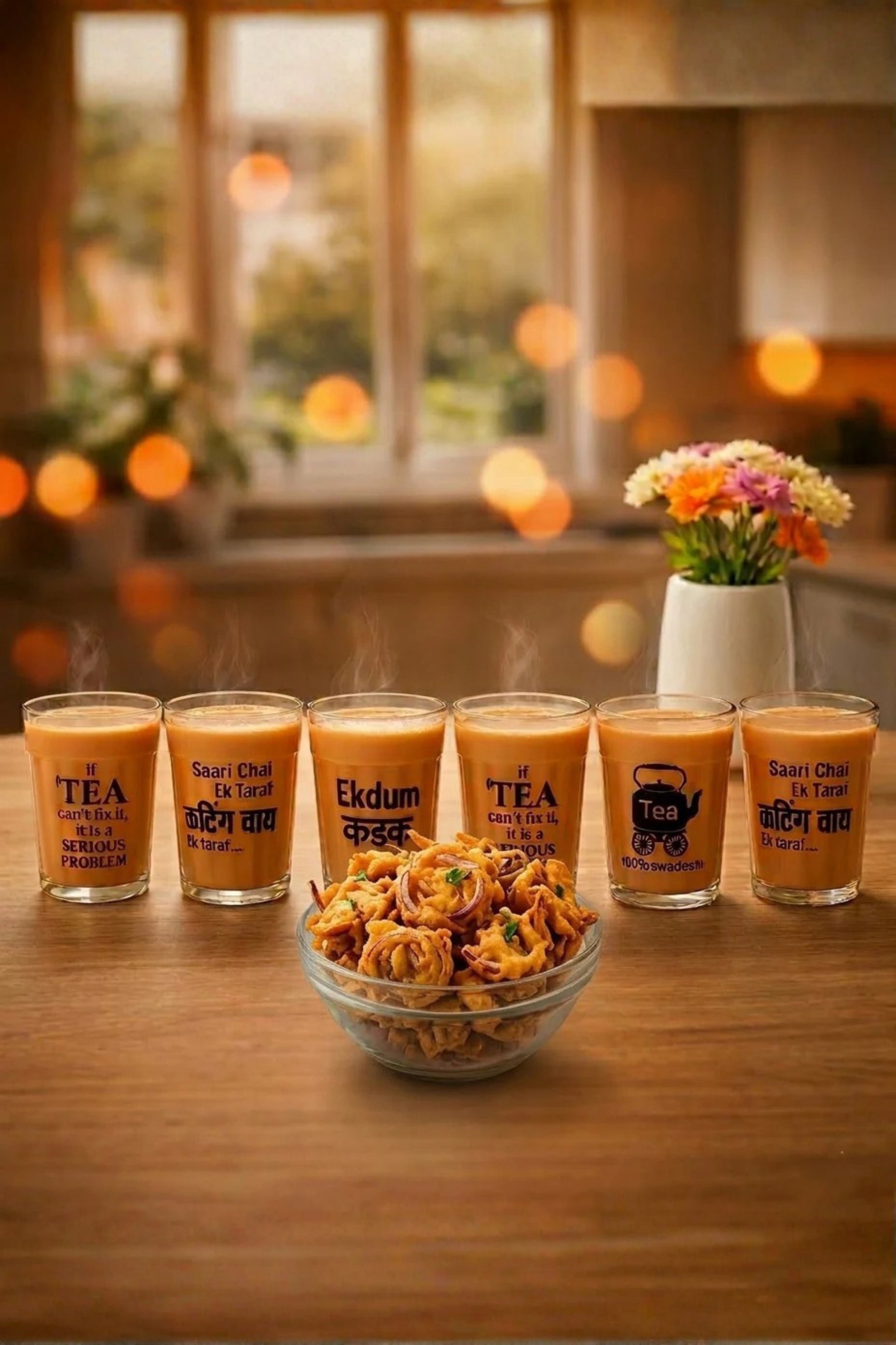 Premium Printed Cutting Chai Glass Set of 6 with Metal Tray & Snack Bowl | Designer Tea Glasses with Iron Serving Stand | Tapri Style Tea Coffee Set for Home, Café & Kitchen Use